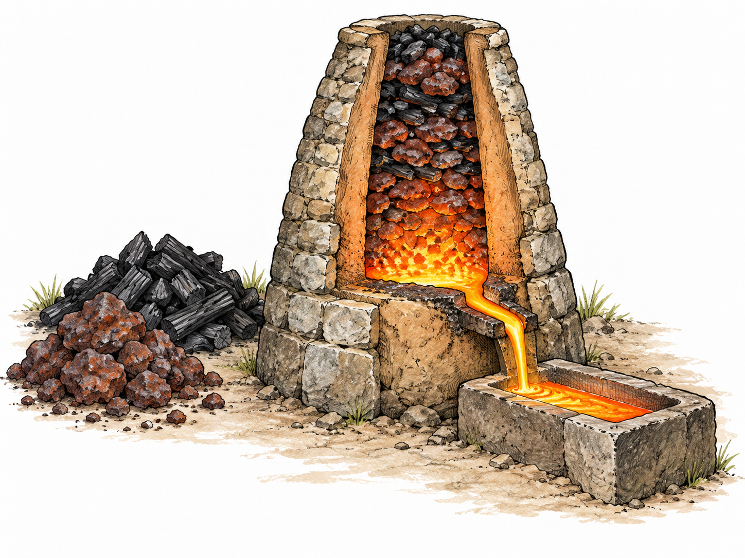 Historical iron-smelting furnace cutaway, ore and charcoal near small masonry furnace, bright molten metal streams into casting trough, no people, no process instructions or labels.