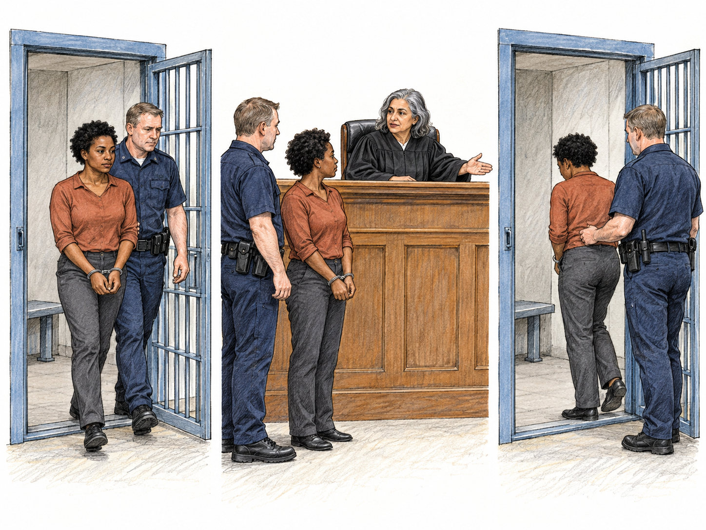 A compact three-stage sequence shows the same defendant leaving a court holding cell, appearing before a judge, and being escorted back into that same cell after the judge's direction.