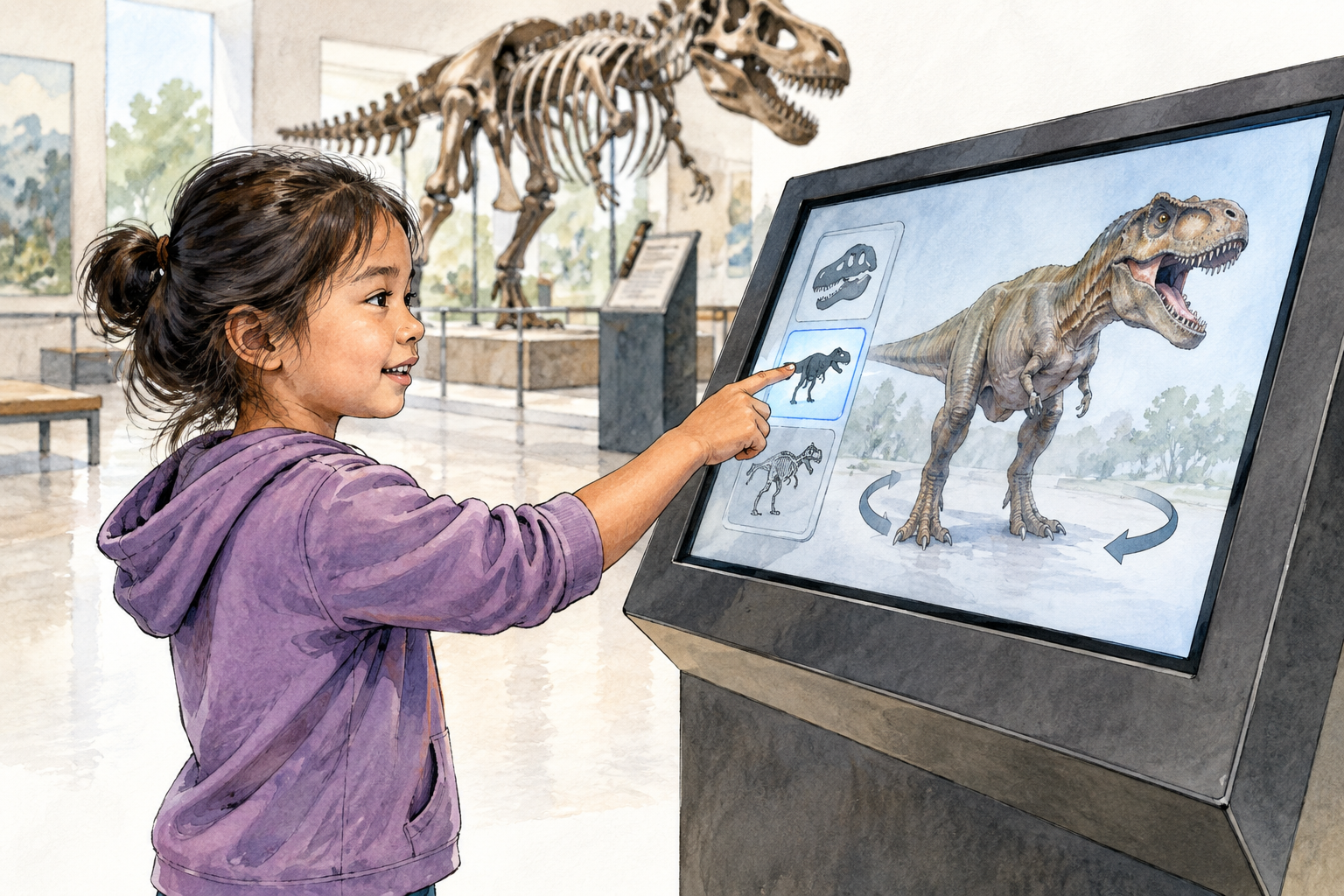 Child uses a museum touchscreen and the exhibit responds with a changing model, visible two-way interaction.