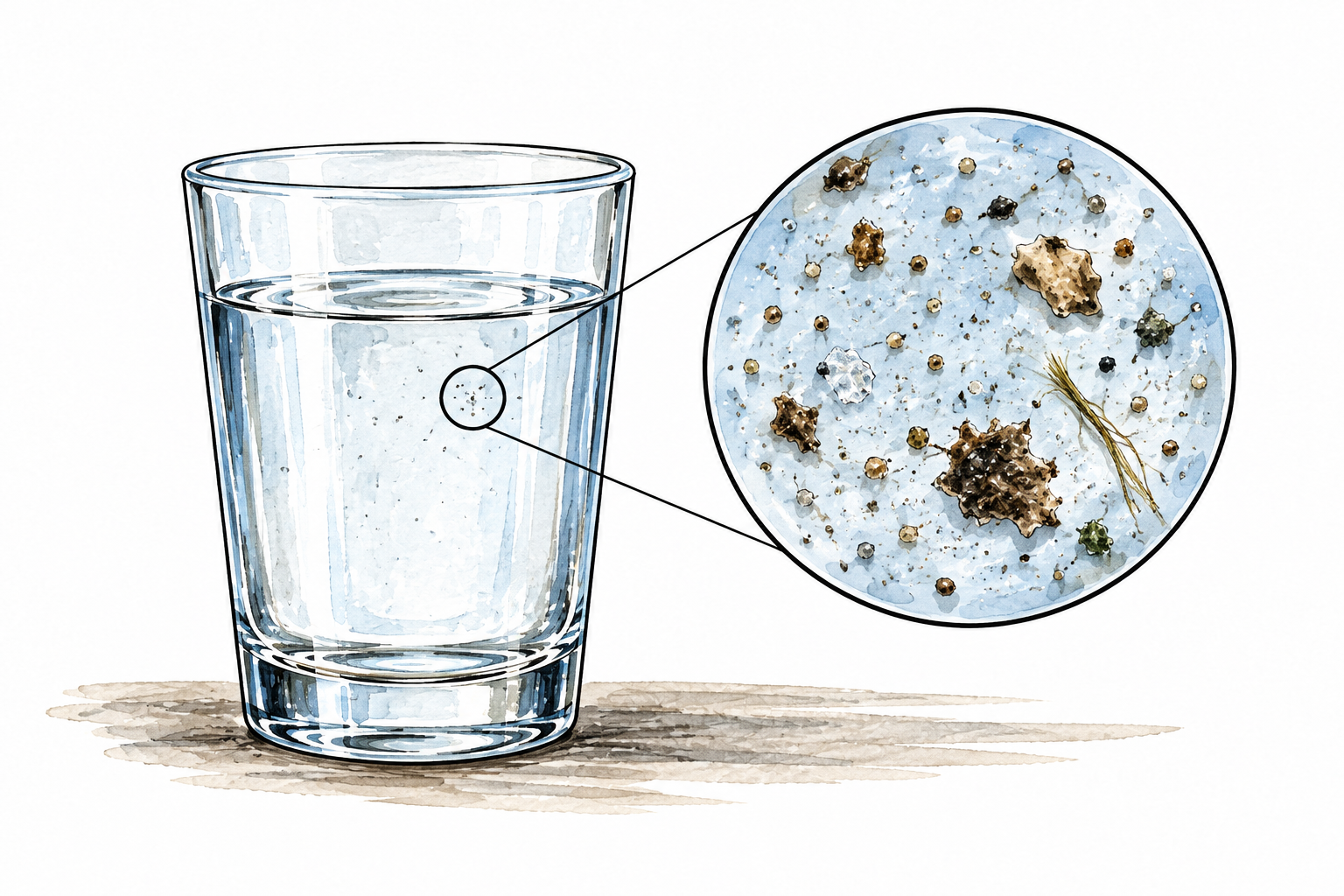 Magnifying inset reveals unwanted grime particles mixed into clean drinking water in a glass.