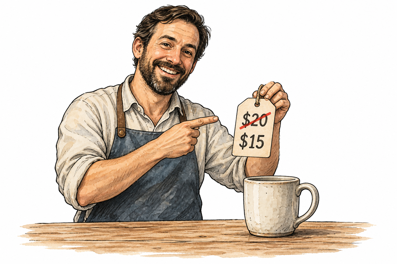 A shopkeeper showing a simple price tag with $20 crossed out and $15 below it beside a plain item, only these essential prices, no SALE slogan or other writing.