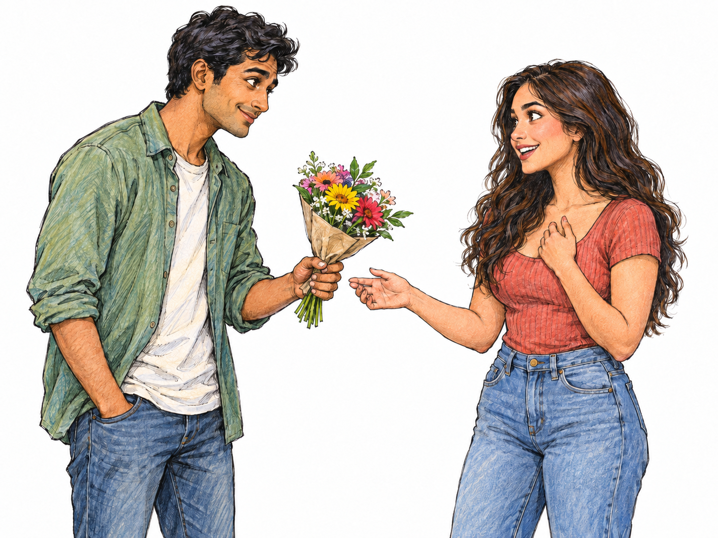 A young man shyly offers a small bouquet to a similarly aged woman and asks her on a date, making his role as a suitor explicit rather than merely showing a gift exchange.