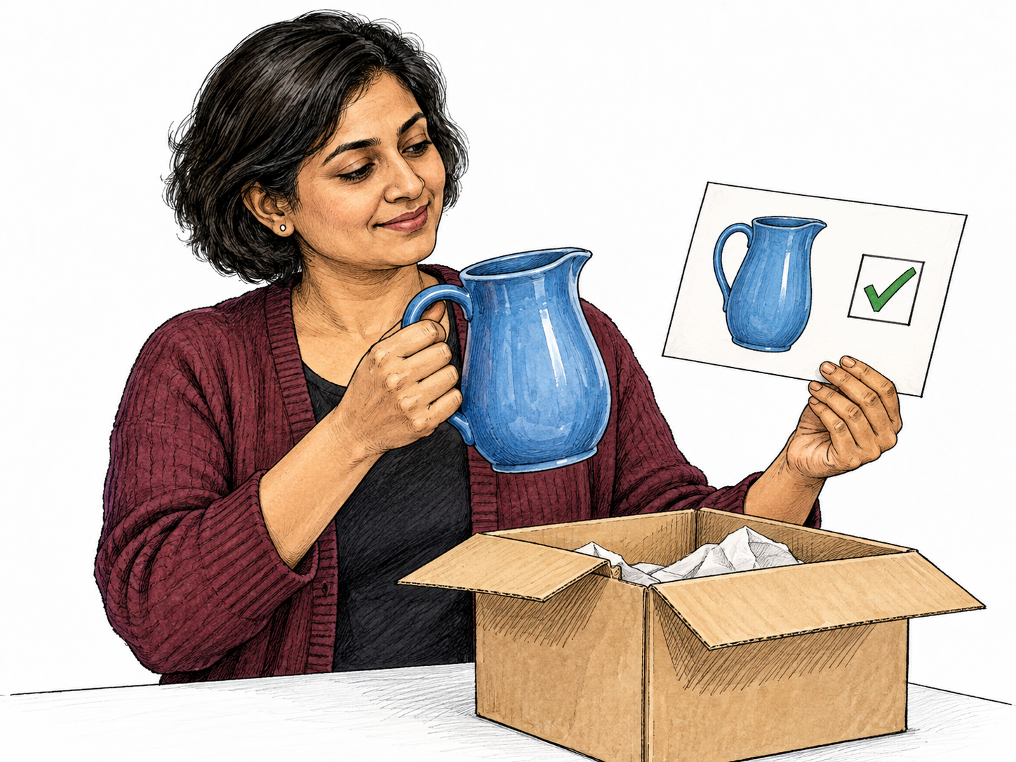 An adult checks a delivered blue ceramic jug against an order card bearing only a matching jug picture and one check mark, establishing the delivery is correct; no written words.