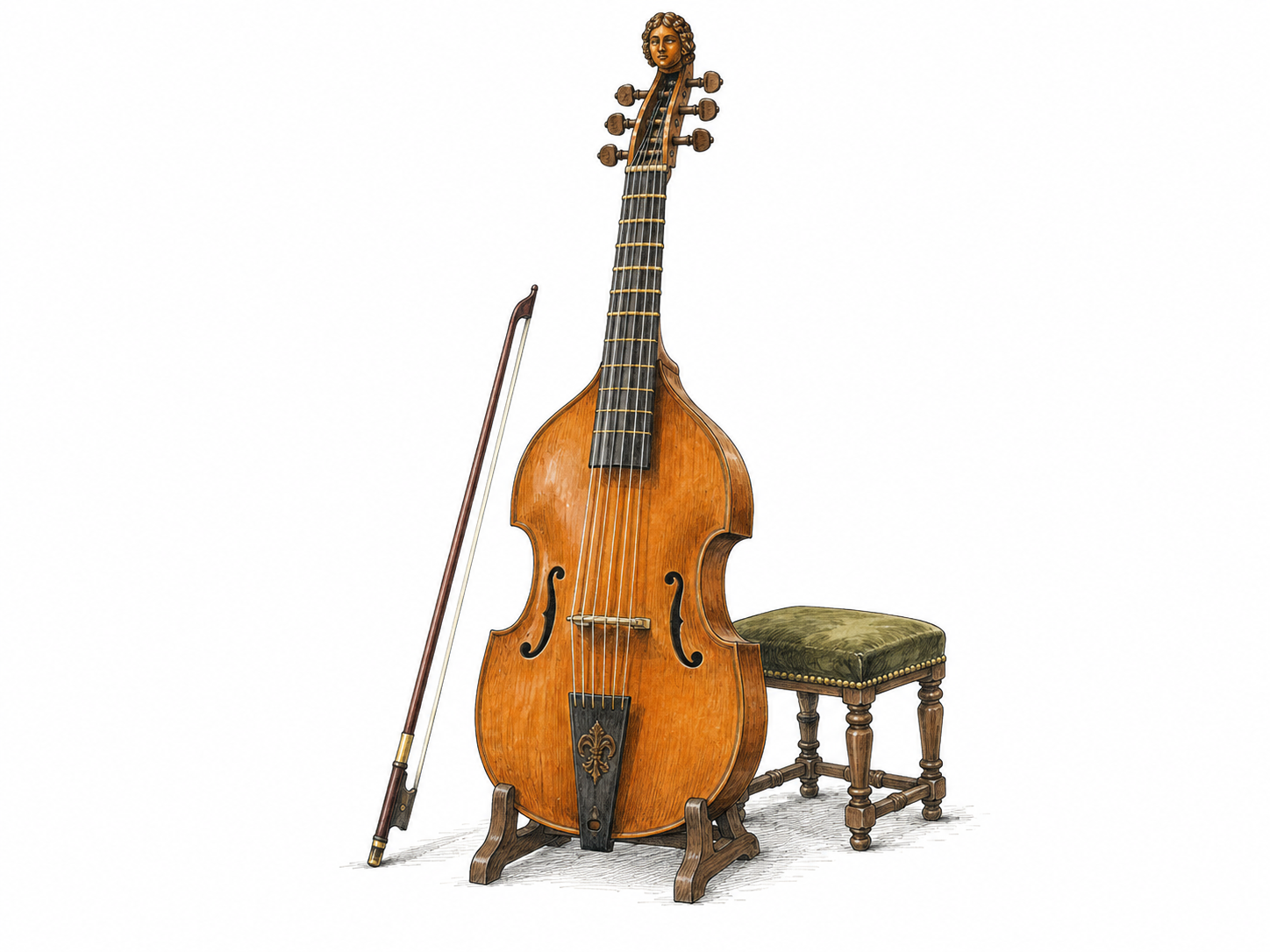 Renaissance bass viol upright on simple stand, six strings, fretted neck and sloping shoulders, bow nearby.
