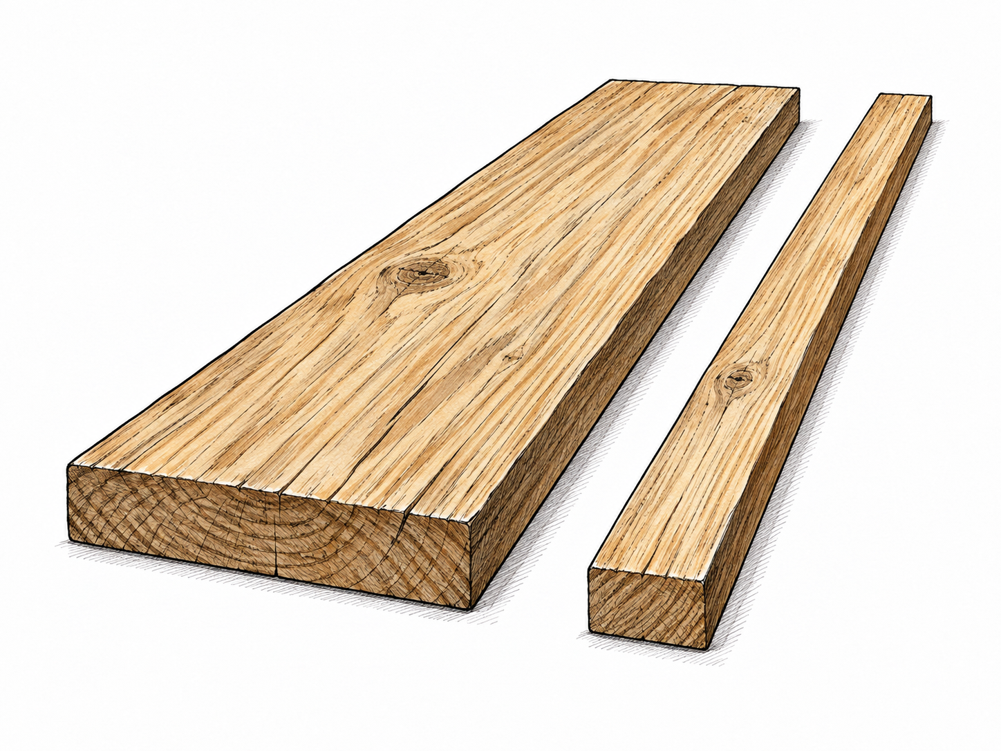 A very broad sturdy wooden plank lies beside a much narrower plank of equal length, side-to-side width emphasized, no ruler labels.