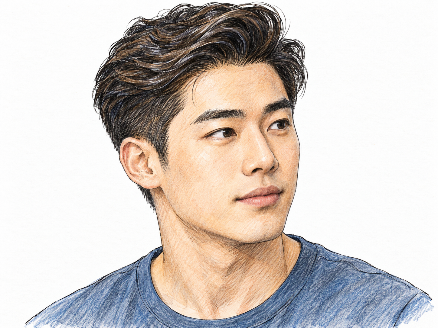 A man's neatly tapered hair sweeps upward in a sculpted wave.
