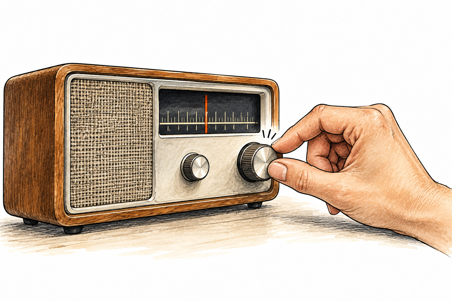 A careful hand turns a small adjustment knob slightly on a radio to improve tuning; wordless controls.