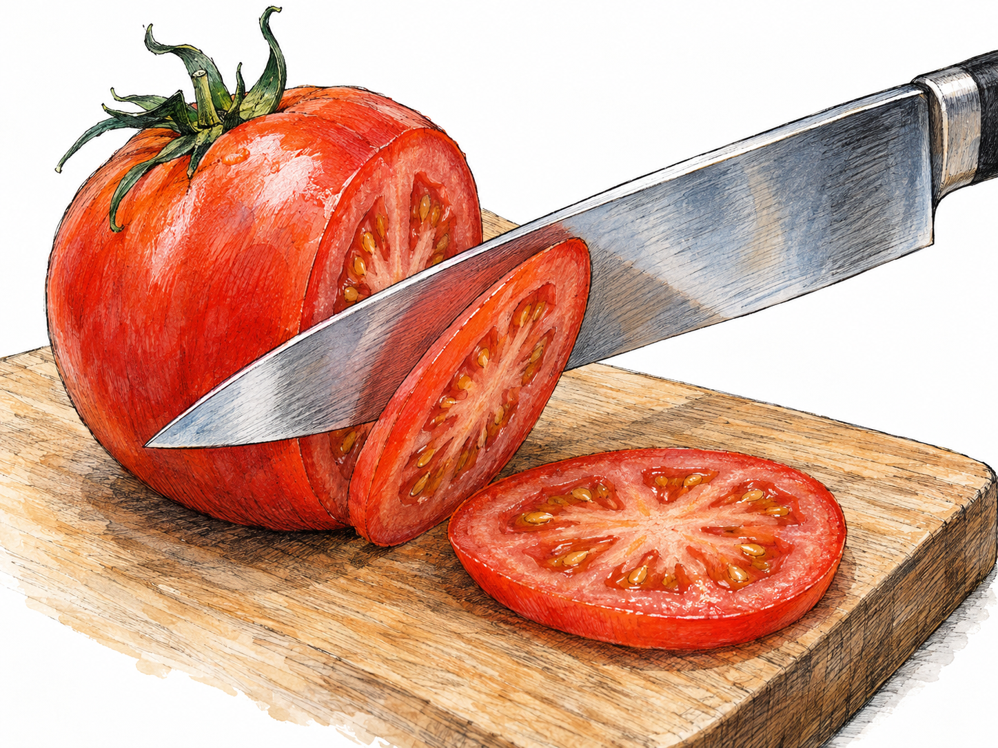 Close-up of a thin kitchen-knife edge slicing cleanly through a ripe tomato, with a wafer-thin slice falling away to make its cutting sharpness visible.