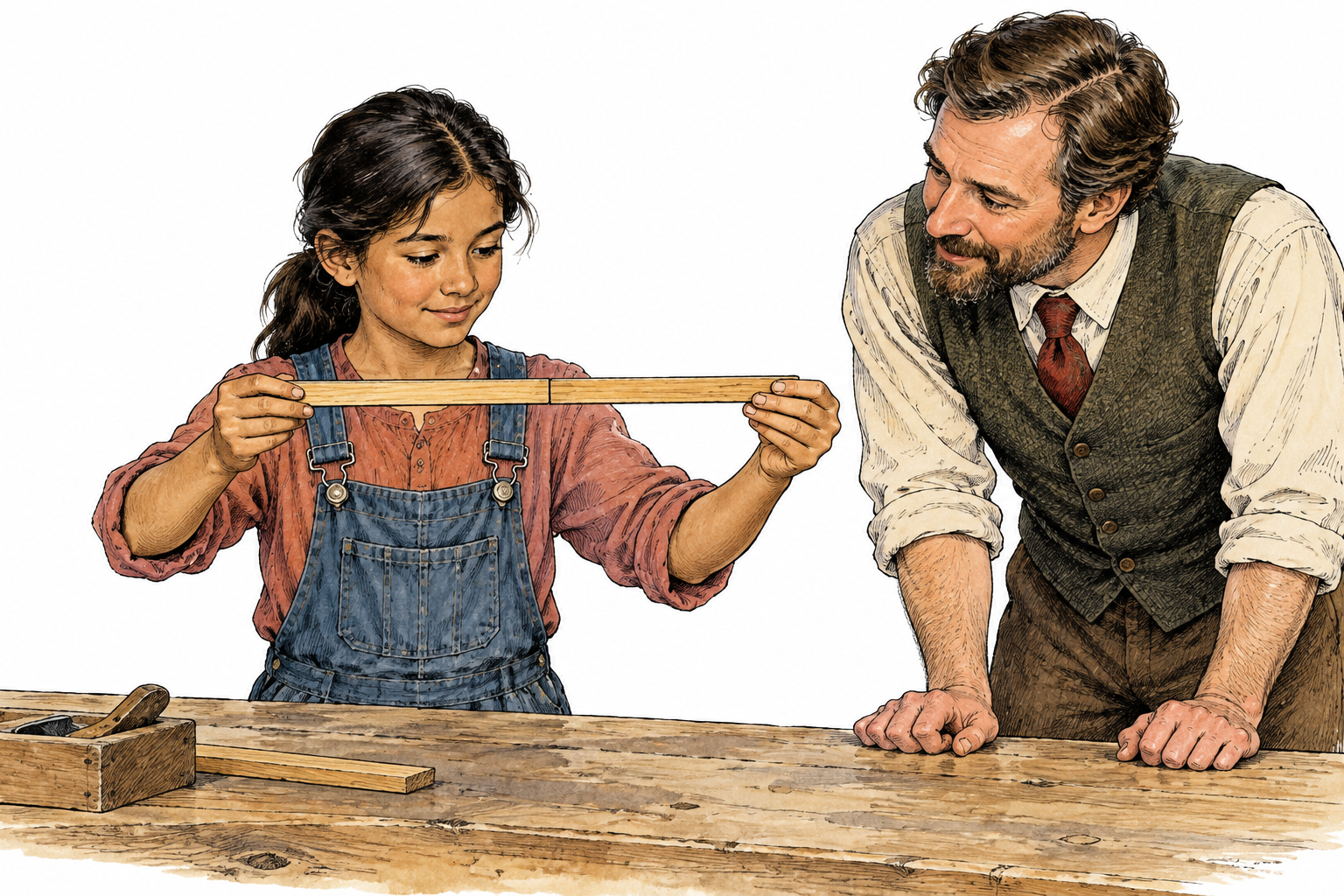 A student demonstrates that two measured wooden strips are equal by aligning their ends exactly, teacher observes clear physical proof.