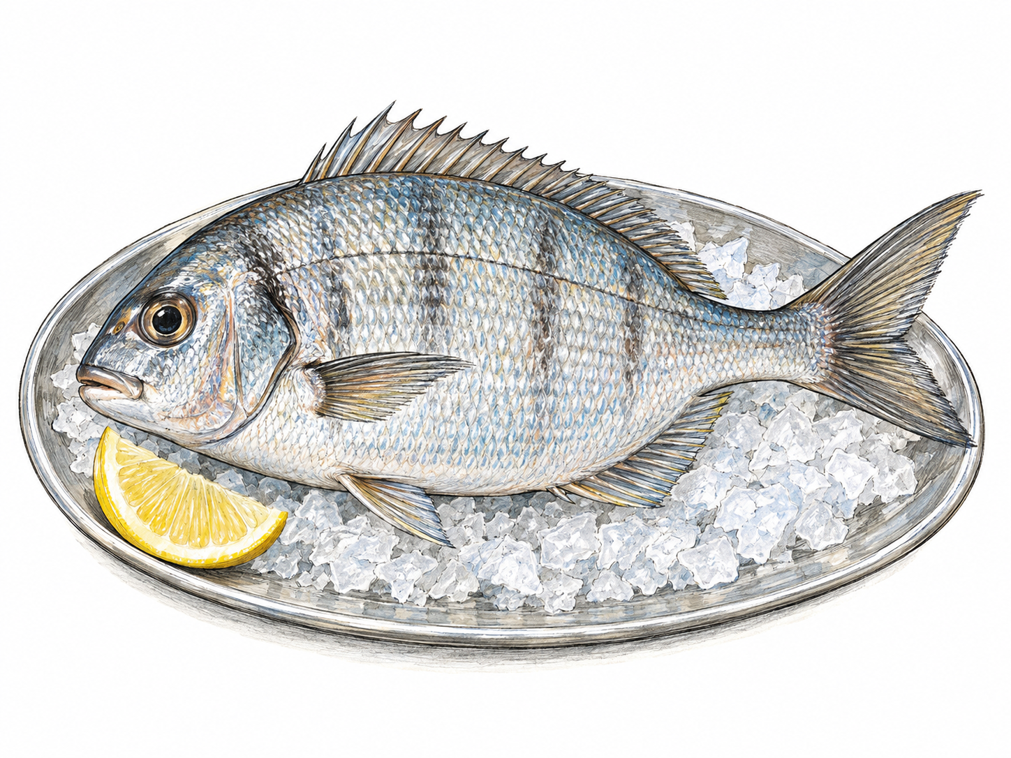 A freshly caught small porgy displayed whole on a plain fishmonger's tray with crushed ice, making its distinctive sea-bream anatomy and use as food visible.