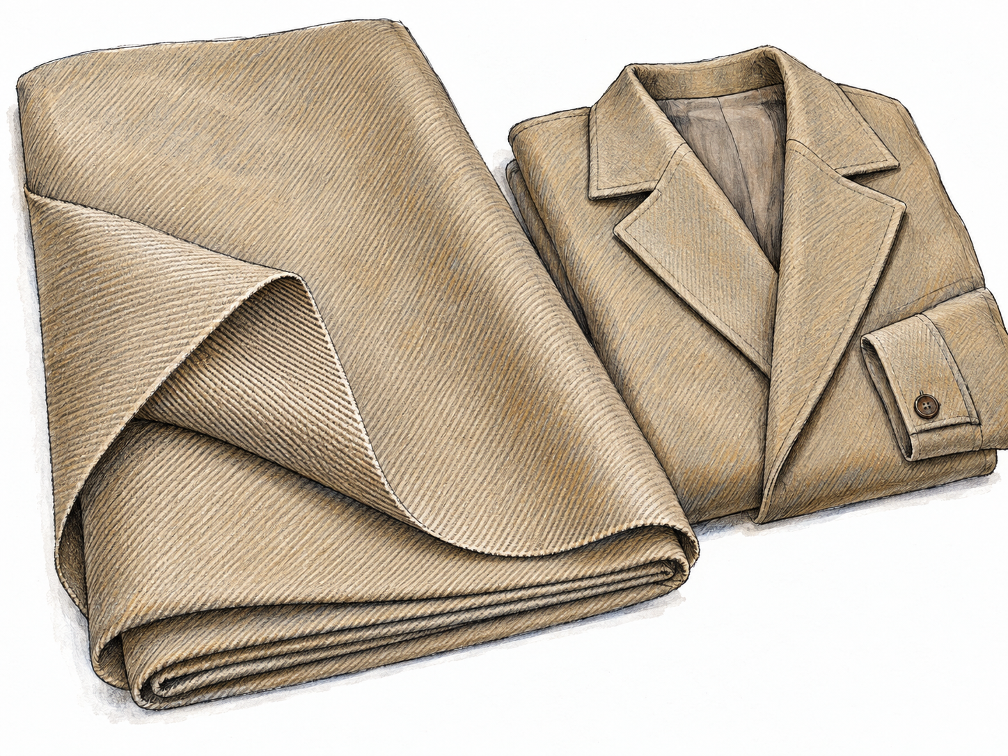 A folded length of gabardine with one corner turned back to show its dense diagonal twill, beside a neatly folded tailored coat made from the same cloth.