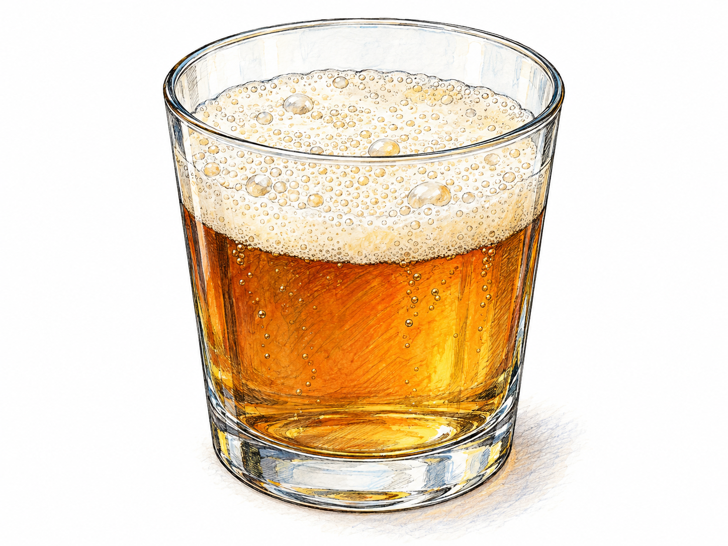 A clear glass of amber liquid with a dense layer of tiny bubbles floating on its surface, viewed slightly from above so the froth is unmistakable.