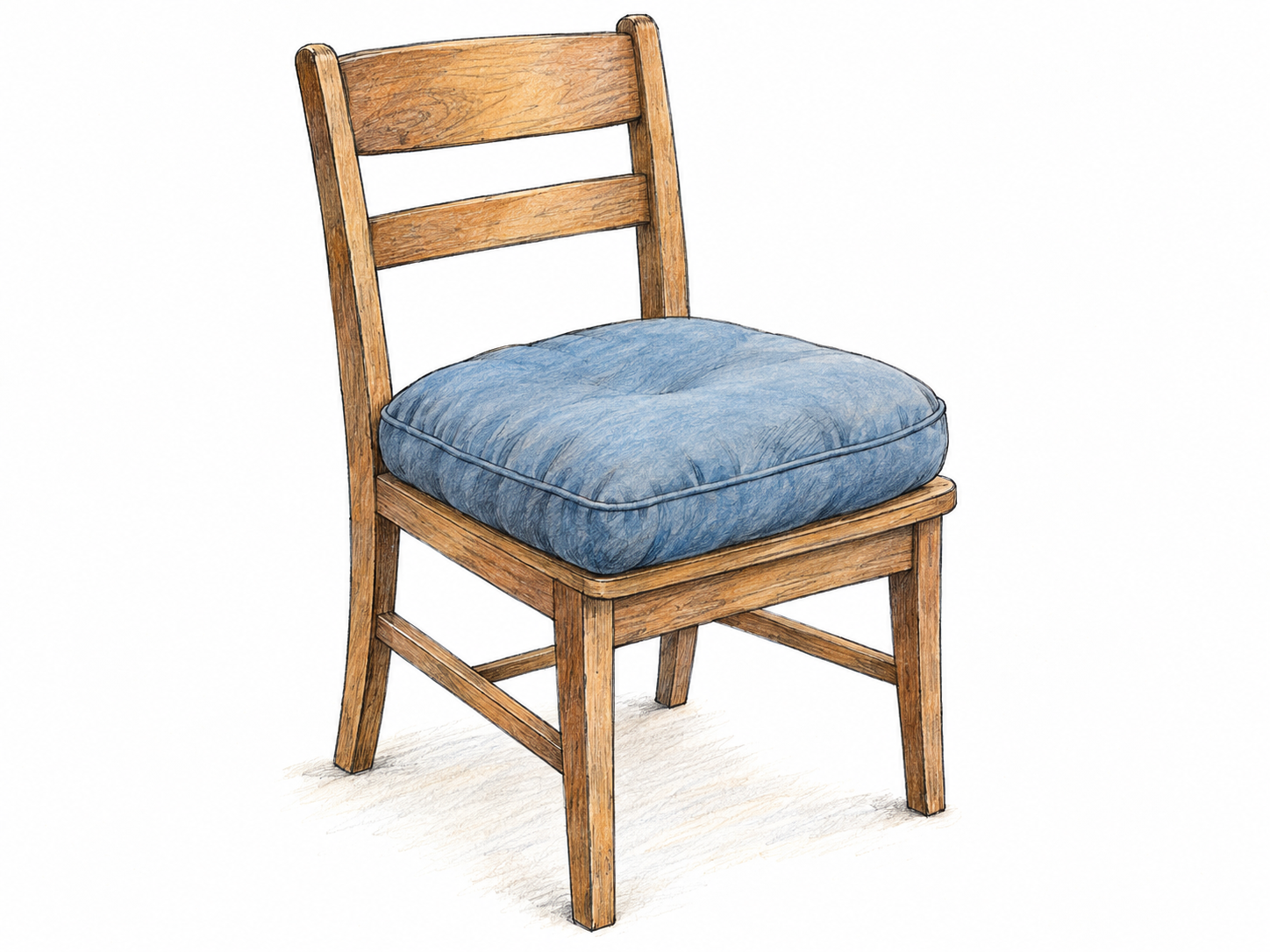 A plump, soft seat cushion resting on a simple wooden chair, its rounded edges and slight compression against the seat making its comfort and support clear.