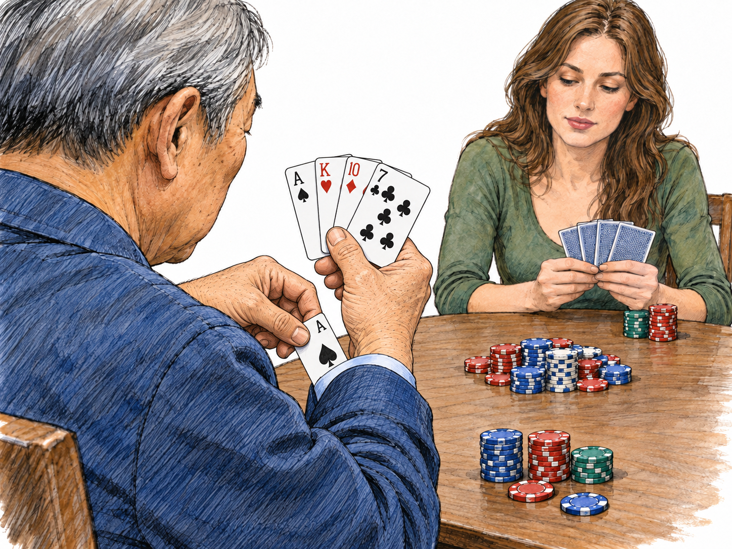 During a card game for stakes, a man secretly slips an extra ace from his sleeve into his playing hand while his opponent watches the table.