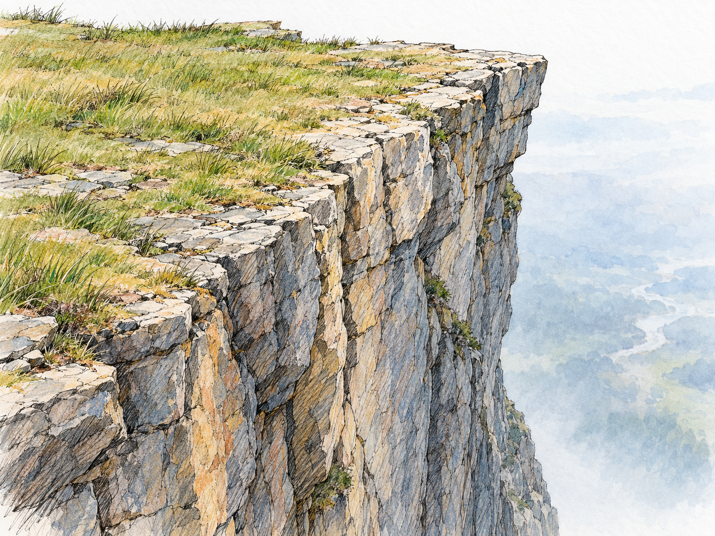 A close three-quarter view of a rocky cliff brink: a narrow grassy top ends abruptly at a sharp lip above a sheer drop.