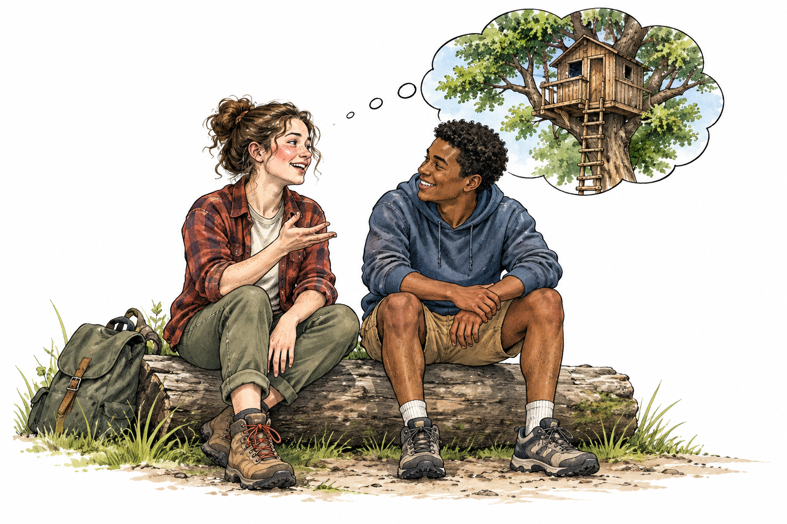 Speaker indirectly evokes a shared childhood adventure with small thought image of old treehouse.