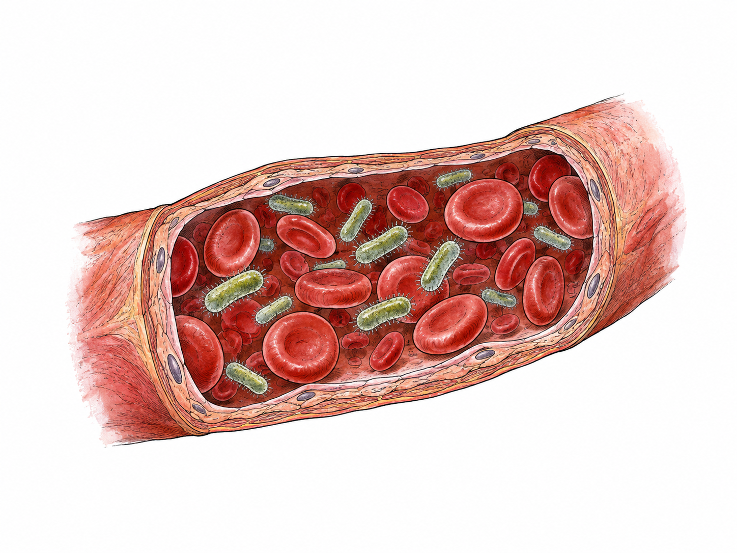 Microscopic conceptual blood-vessel cutaway with red blood cells and distinctly shaped small bacterial rods among them, restrained clinical ink diagram, no gore or labels.