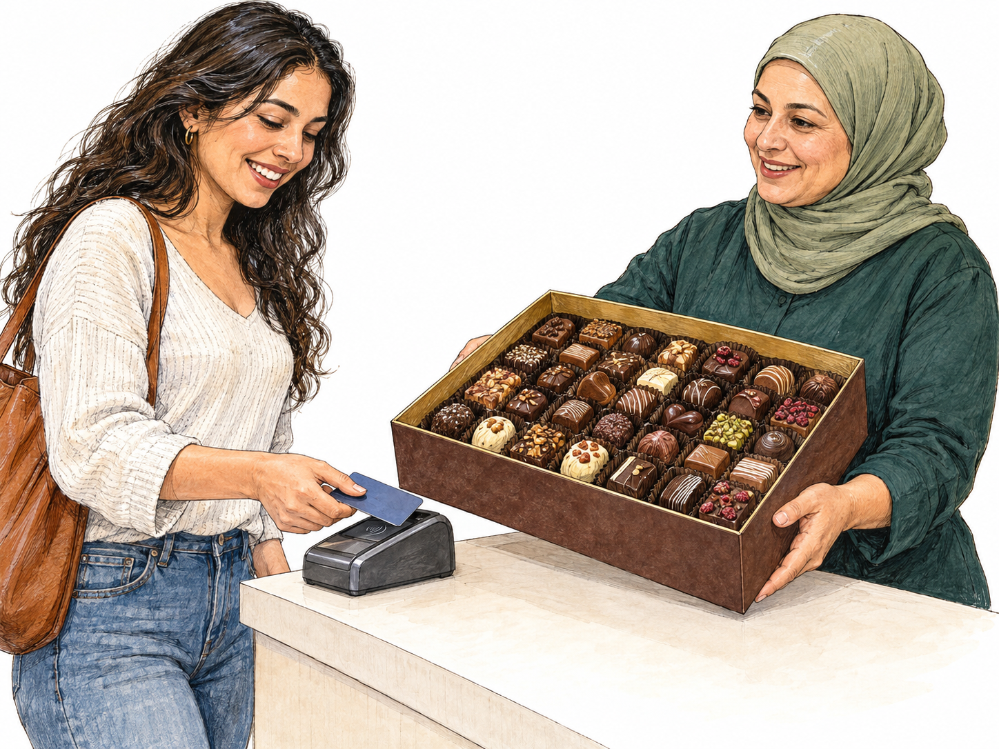 A young adult Latino woman splurges at a chocolate shop, paying for an oversized assortment of elaborate chocolates while a middle-aged Middle Eastern or North African woman shopkeeper presents the indulgent purchase.