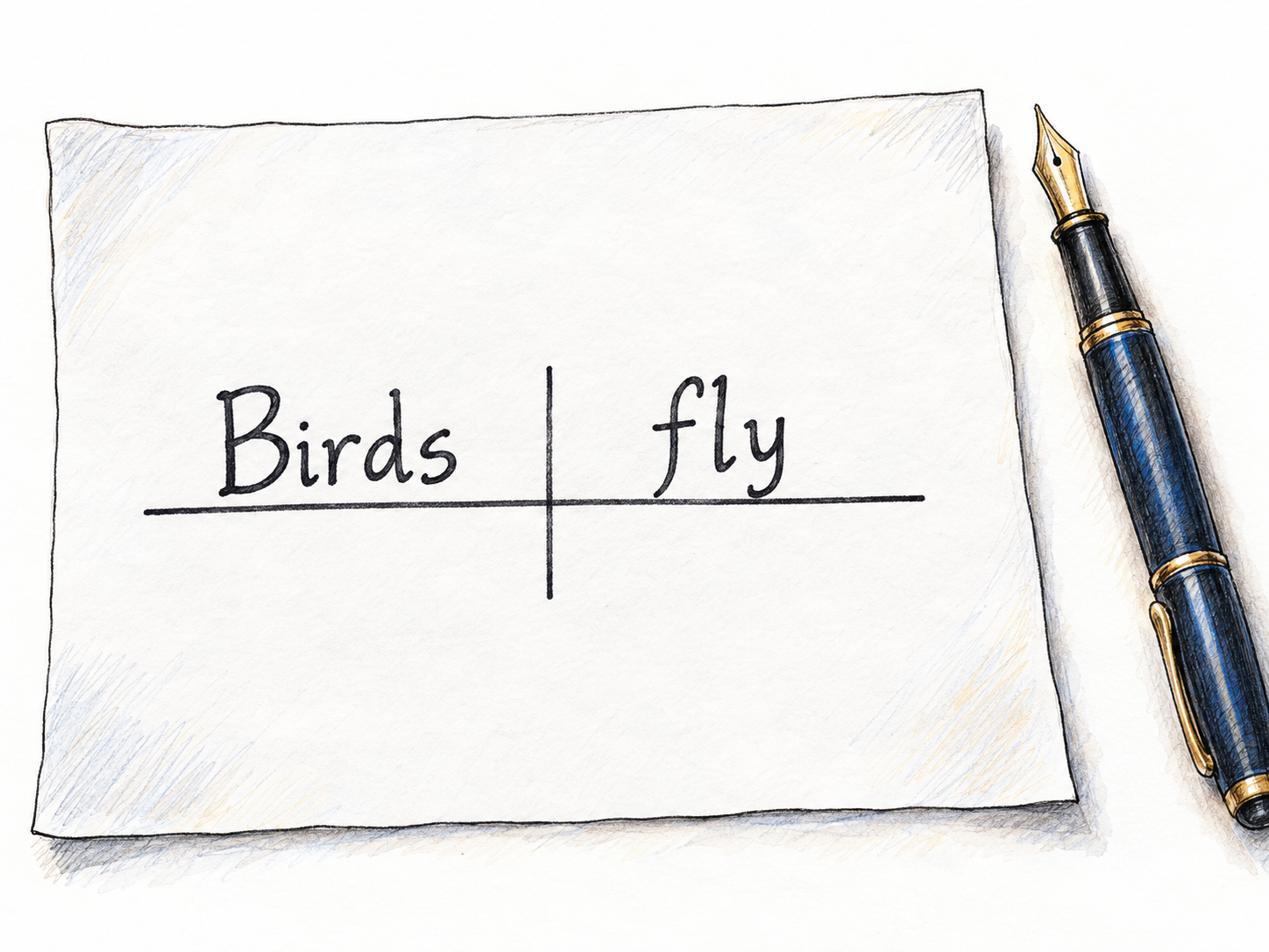 A minimal traditional sentence diagram makes language structure visible: “Birds fly” sits on a horizontal baseline, with a vertical divider separating the subject from the verb.