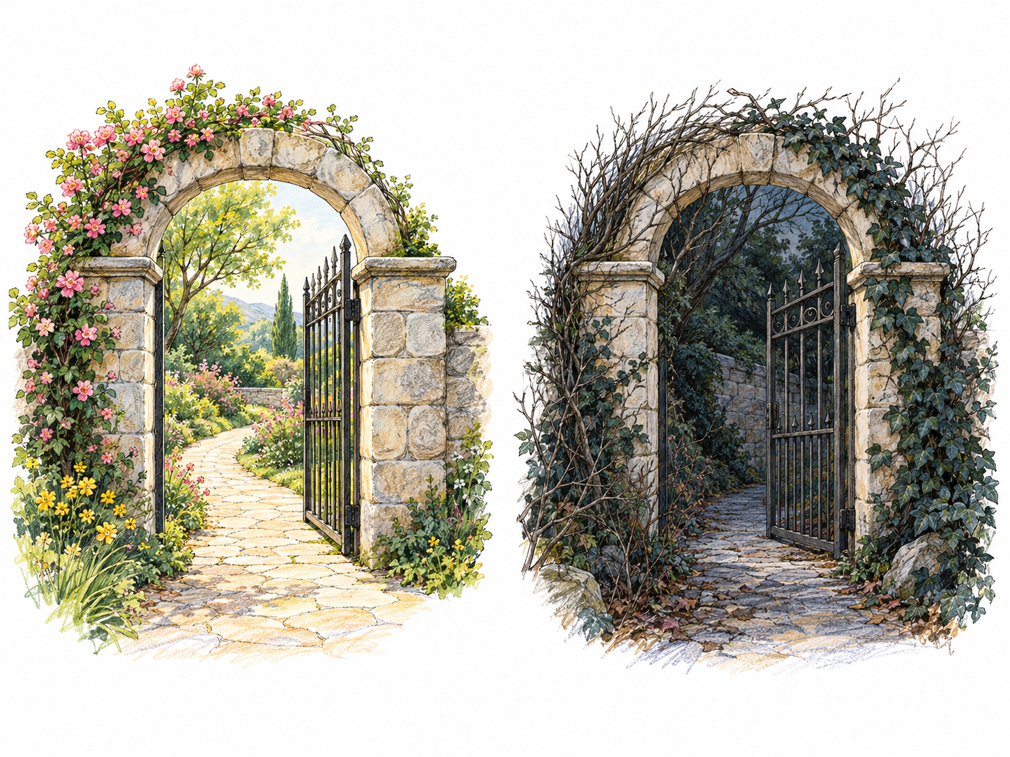 A compact comparison of two physically similar garden entrances with distinctly different surrounding atmospheres: one welcoming and tranquil, the other mysterious and forbidding.