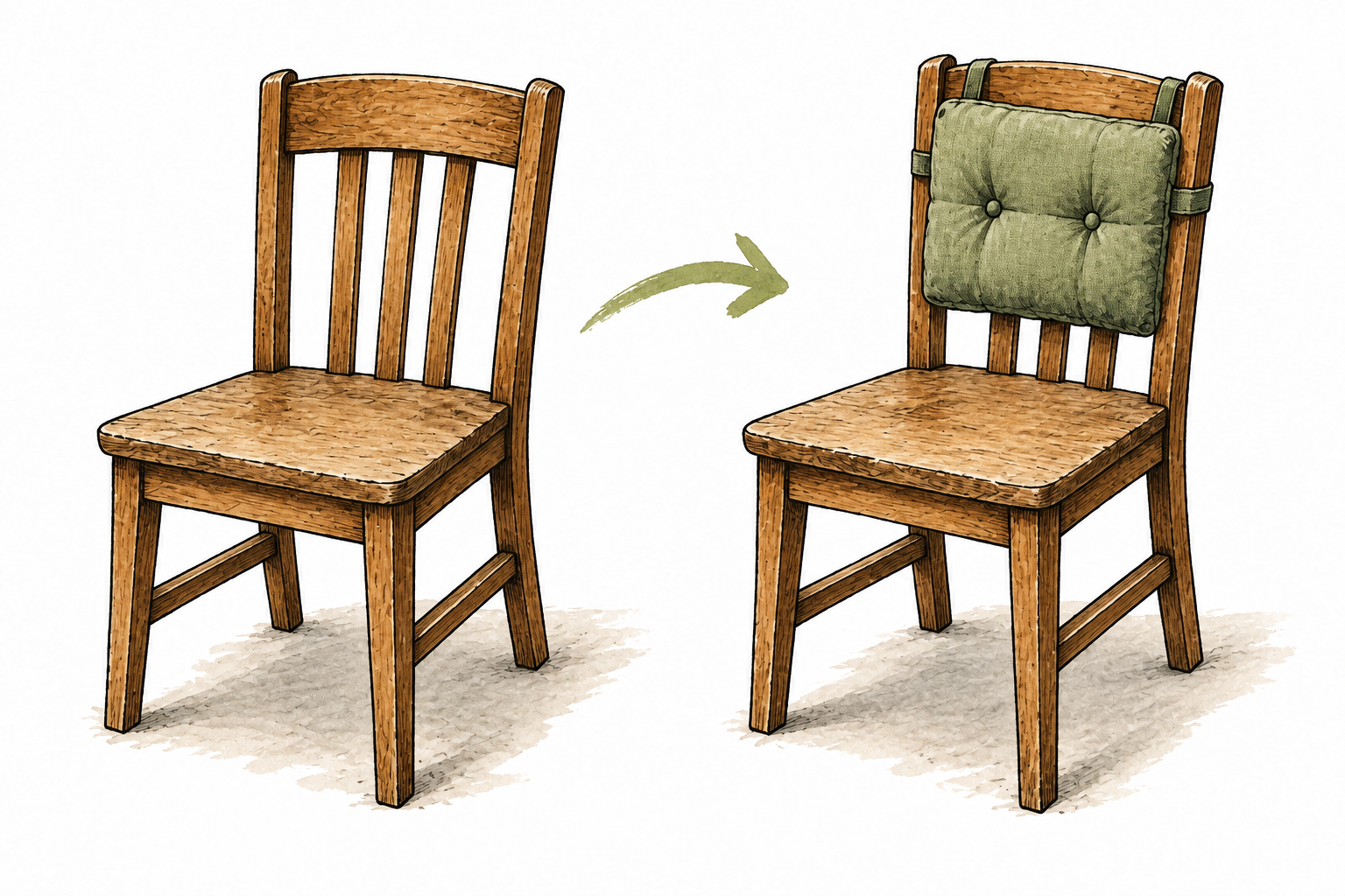 Before-and-after views of the same wooden chair, with a small added back cushion as the clear modification.