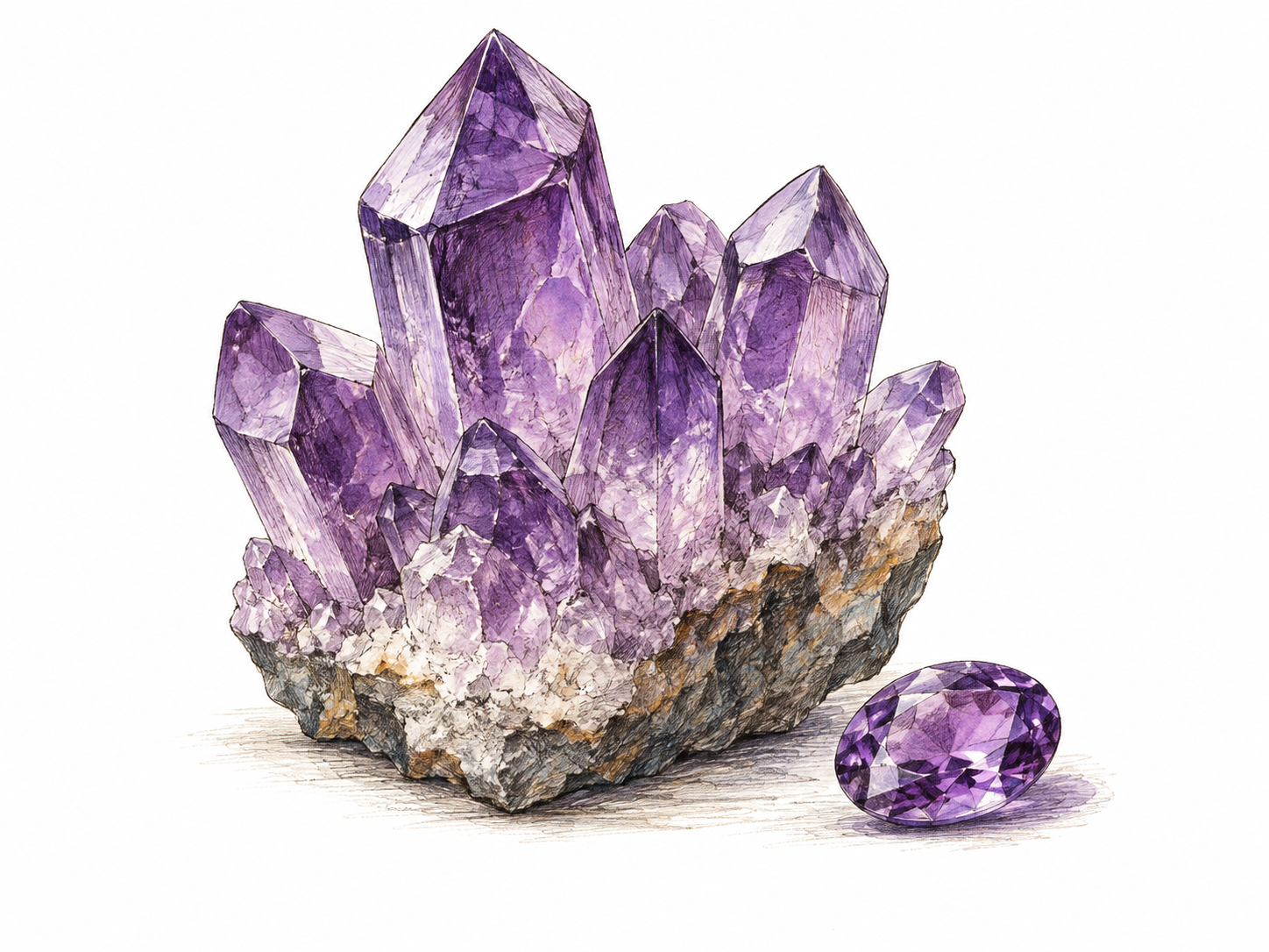 One natural amethyst crystal cluster with unmistakable transparent purple hexagonal quartz points, one small polished purple gem beside it, no jewelry label or mystical glow.