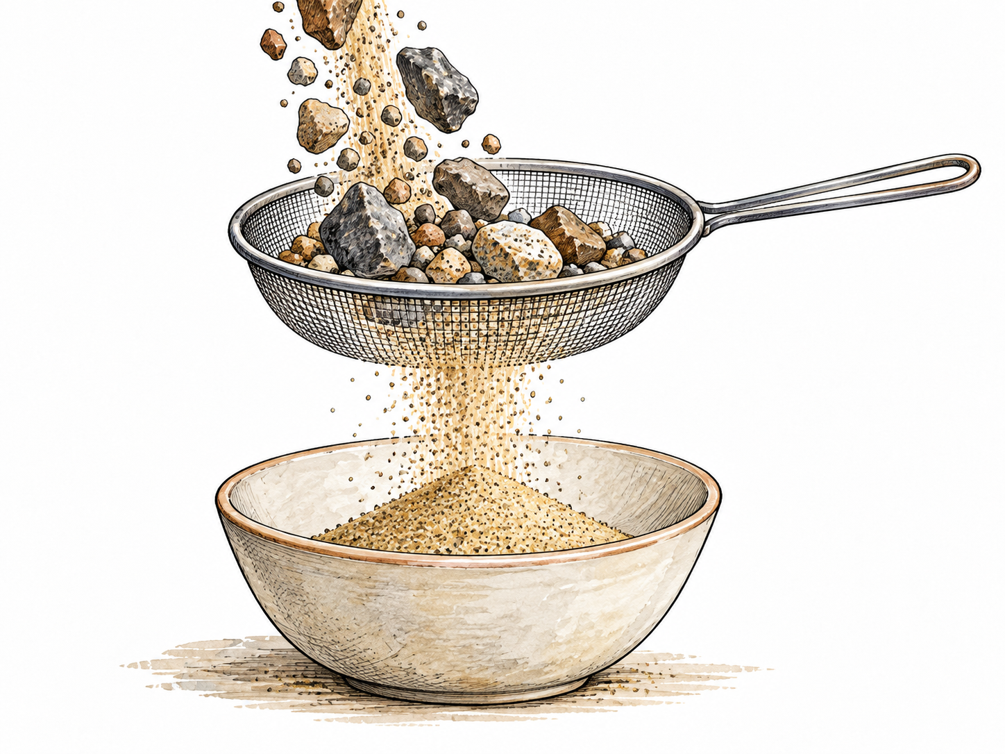 A simple sieve keeps large stones out while fine sand passes into bowl, exclusion from a whole shown without social stigma.