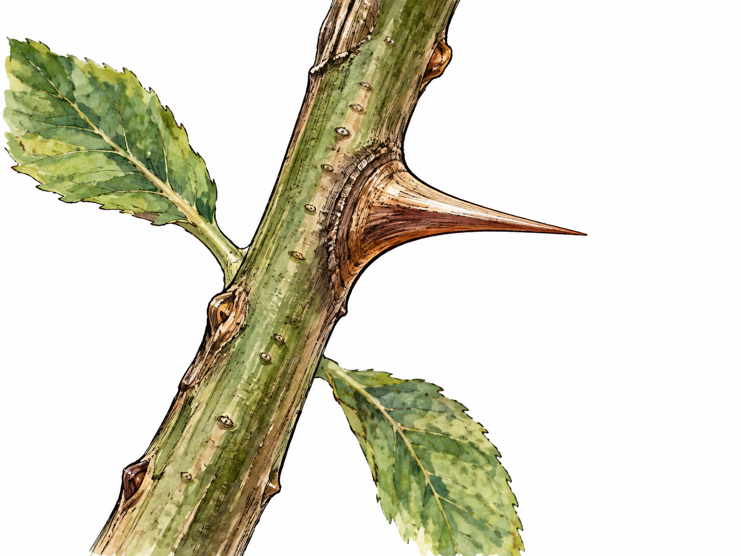 Close view of a sharp woody thorn projecting from a plant stem.