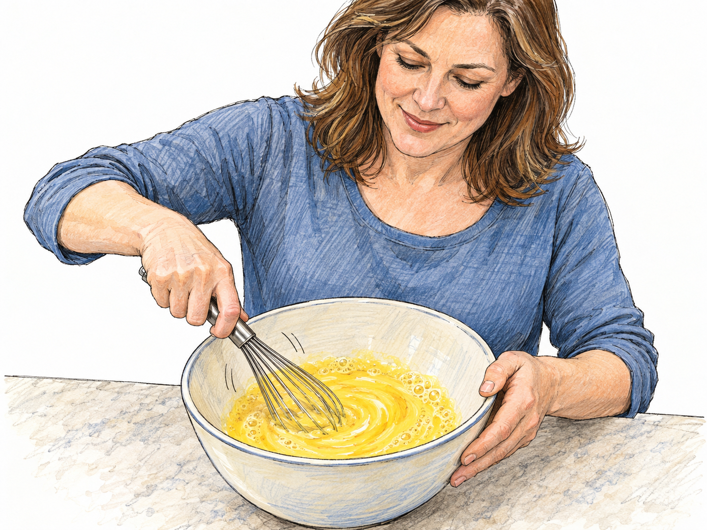 A woman briskly whisks eggs in a mixing bowl, using a relaxed wrist while her other hand steadies the rim.