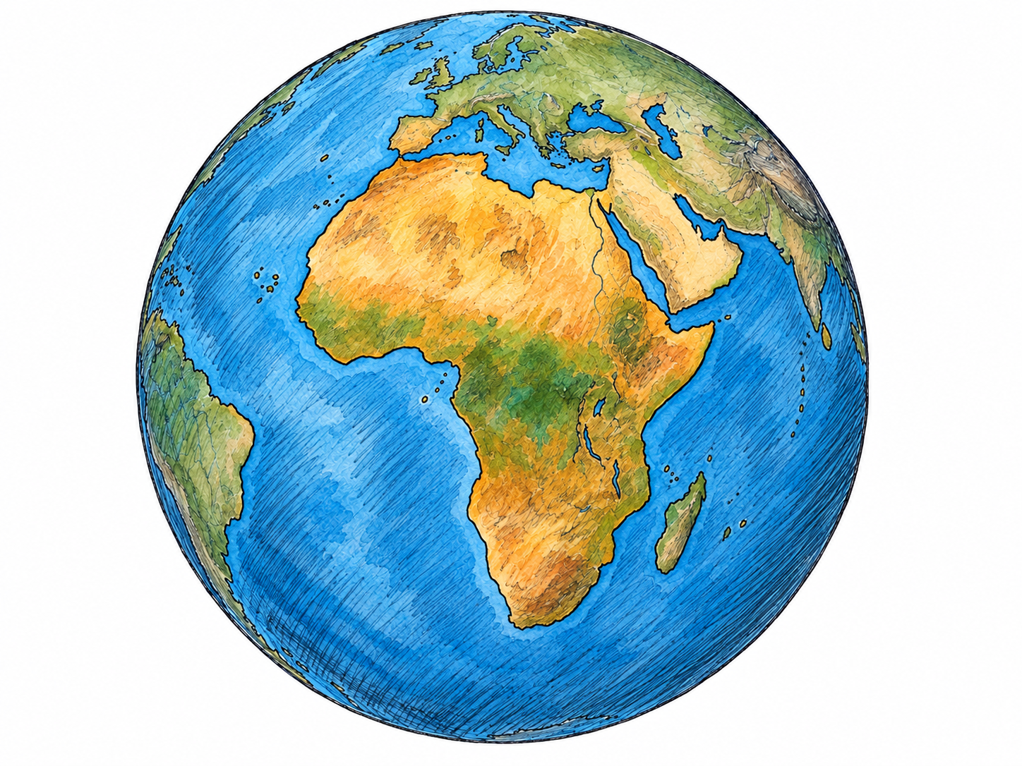 A clearly drawn Earth globe centered on Africa, with Africa gently emphasized as one entire major landmass amid blue oceans and neighboring continents.