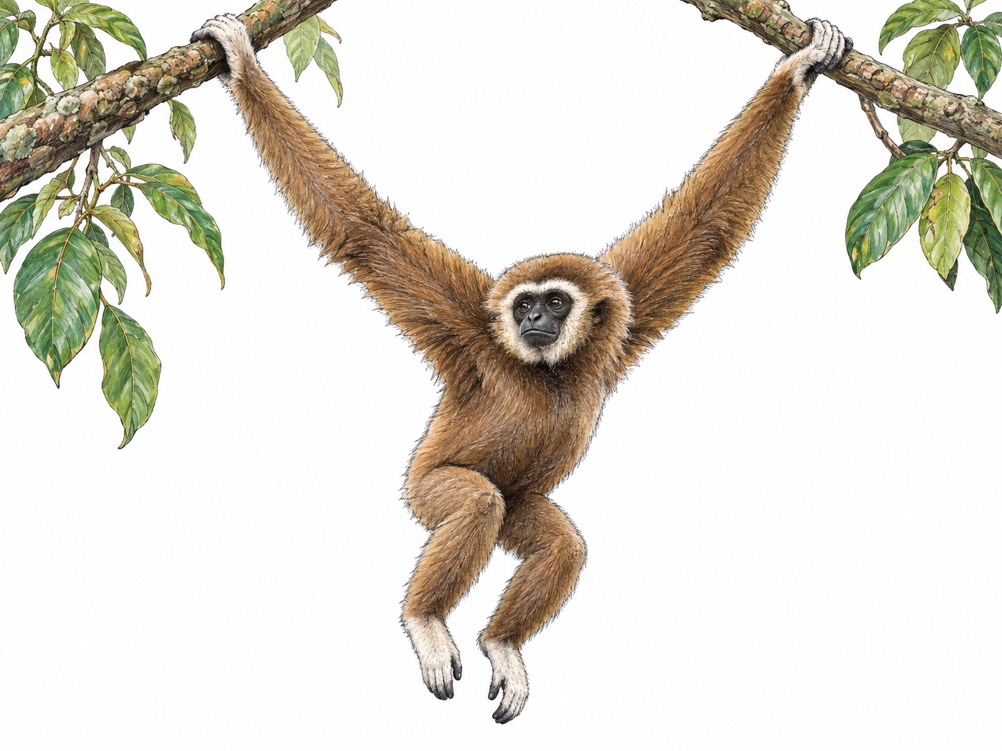 One white-handed gibbon hangs by its exceptionally long arms between two branches, showing its compact body, white hands and feet, pale facial ring, and absence of a tail.
