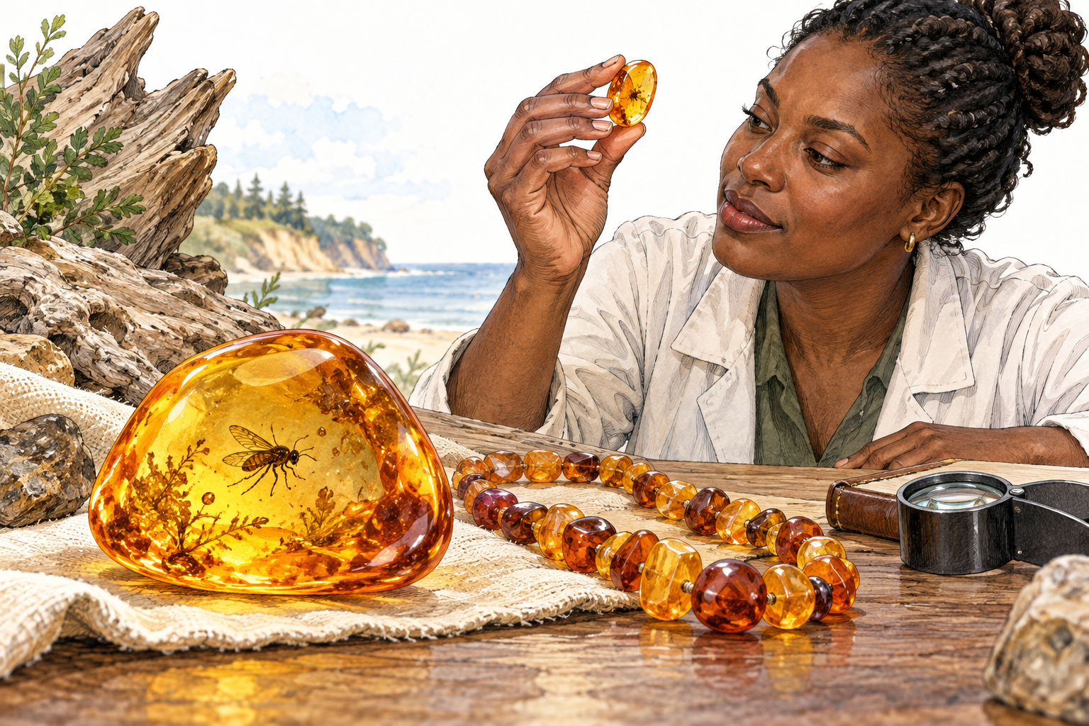 A warm translucent golden amber gemstone with tiny ancient insect inclusion rests beside an amber necklace, fossil resin material distinct from ambergris.