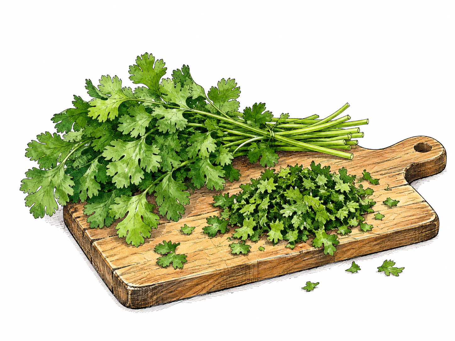 Fresh cilantro leafy sprigs beside chopped leaves on board, lobed leaves clear, no flowers or other herbs.