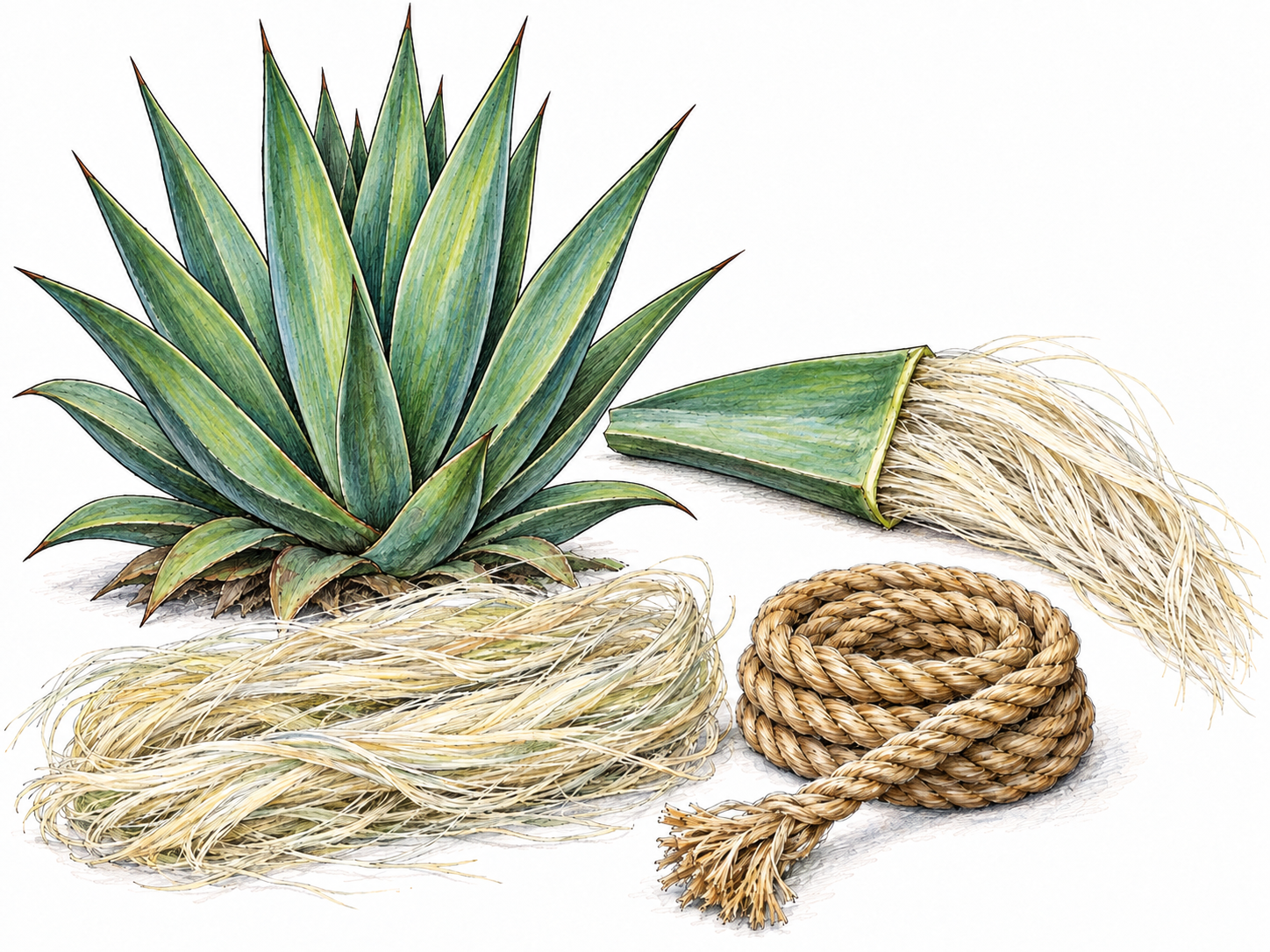 A small sisal agave beside a cut leaf with exposed pale fibers, a loose bundle of extracted fibers, and a short coil of rope, showing the plant material and its practical use.
