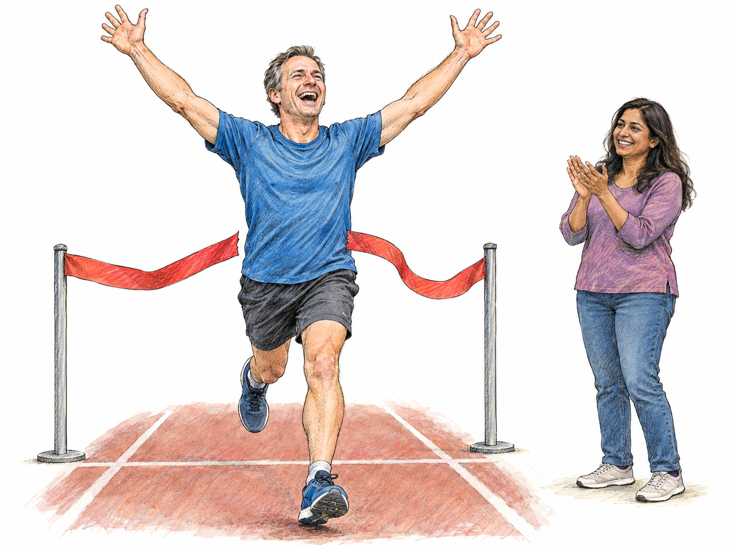 A runner celebrates beyond a finish ribbon with raised arms and open joyful face.