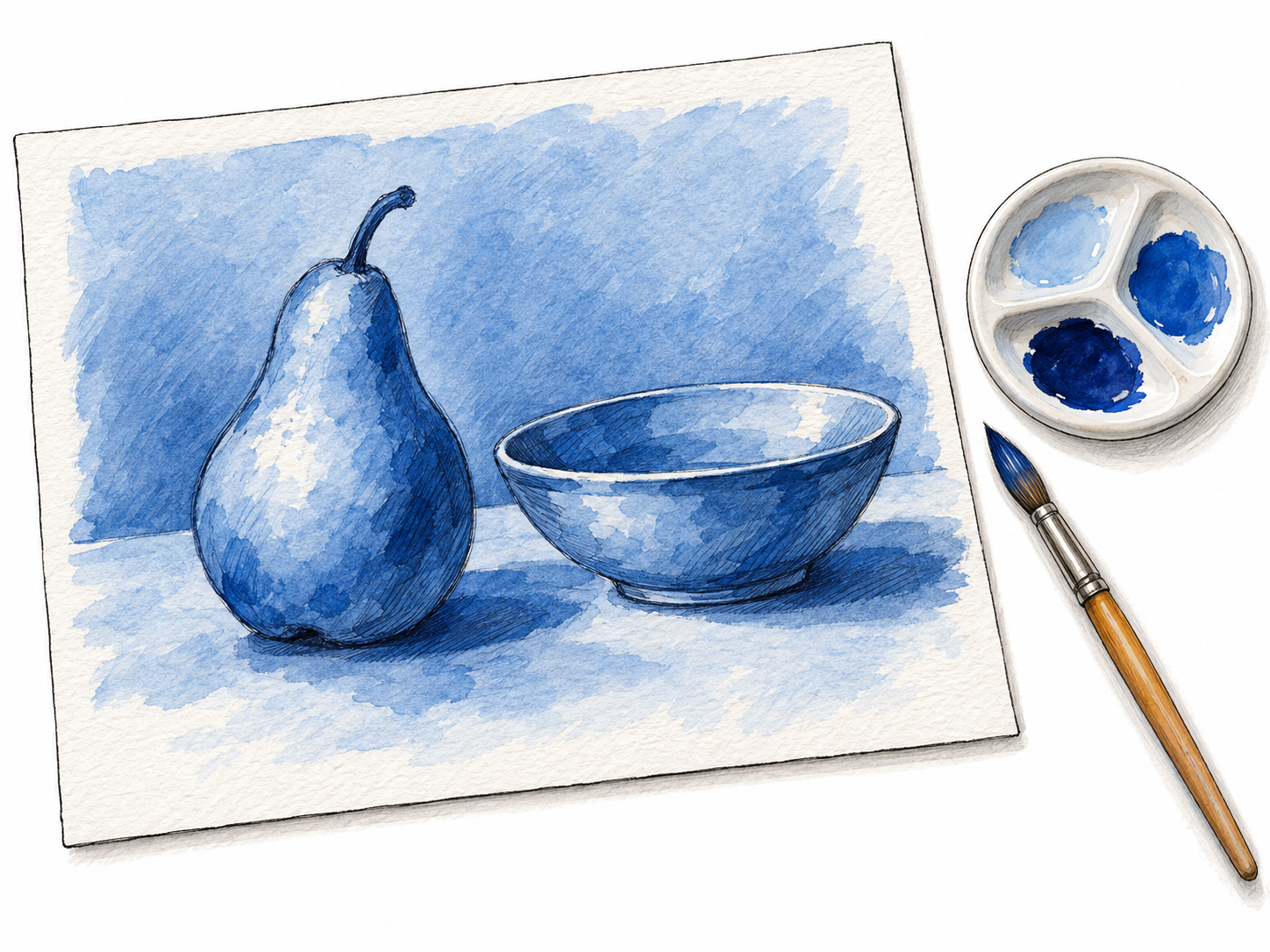 A painting of a pear and bowl rendered entirely in shades of blue, with a nearby palette holding only pale, medium and deep blue paint.