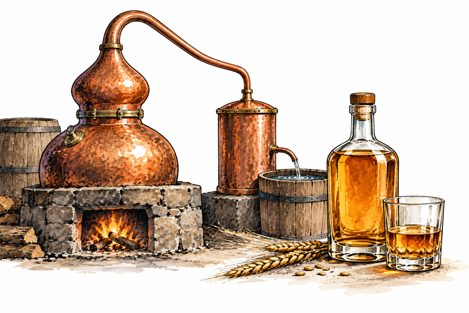 Unlabeled bottle of distilled amber spirit and a small tumbler beside copper distillation equipment, no writing.