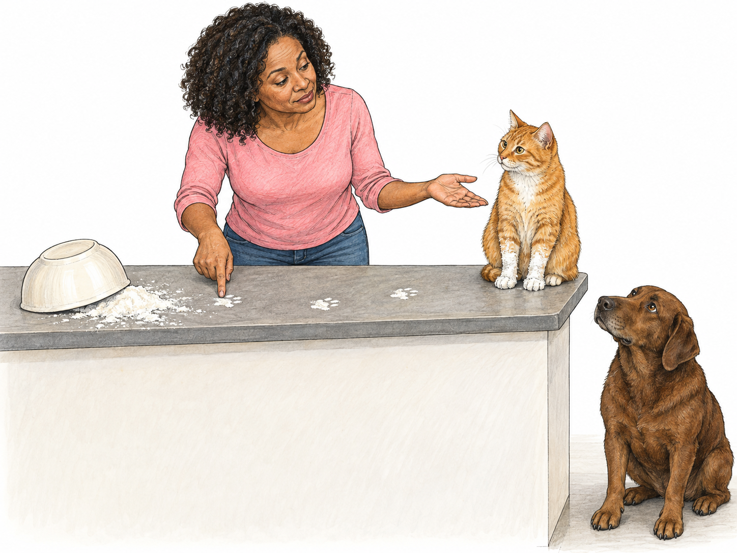 A woman infers which pet disturbed spilled flour by comparing the small floury paw prints on a kitchen counter with a flour-covered cat, while a clean dog provides an incompatible alternative.