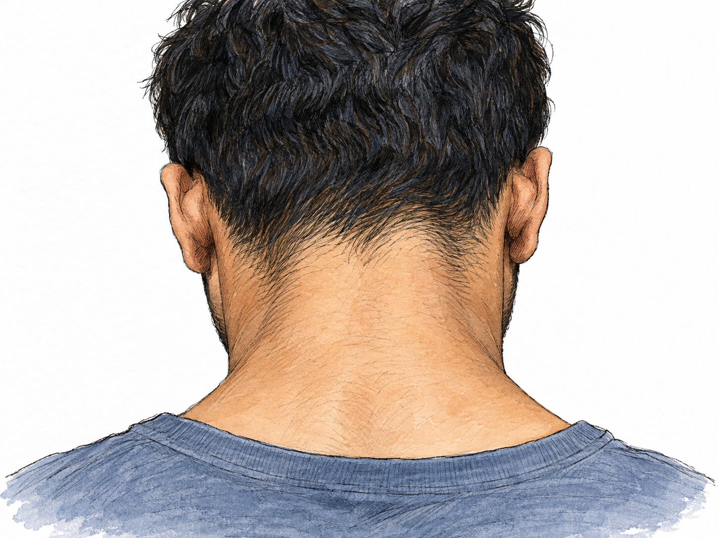 A close rear view of a short-haired man, with the exposed back of his neck centered between his hairline and low shirt collar.