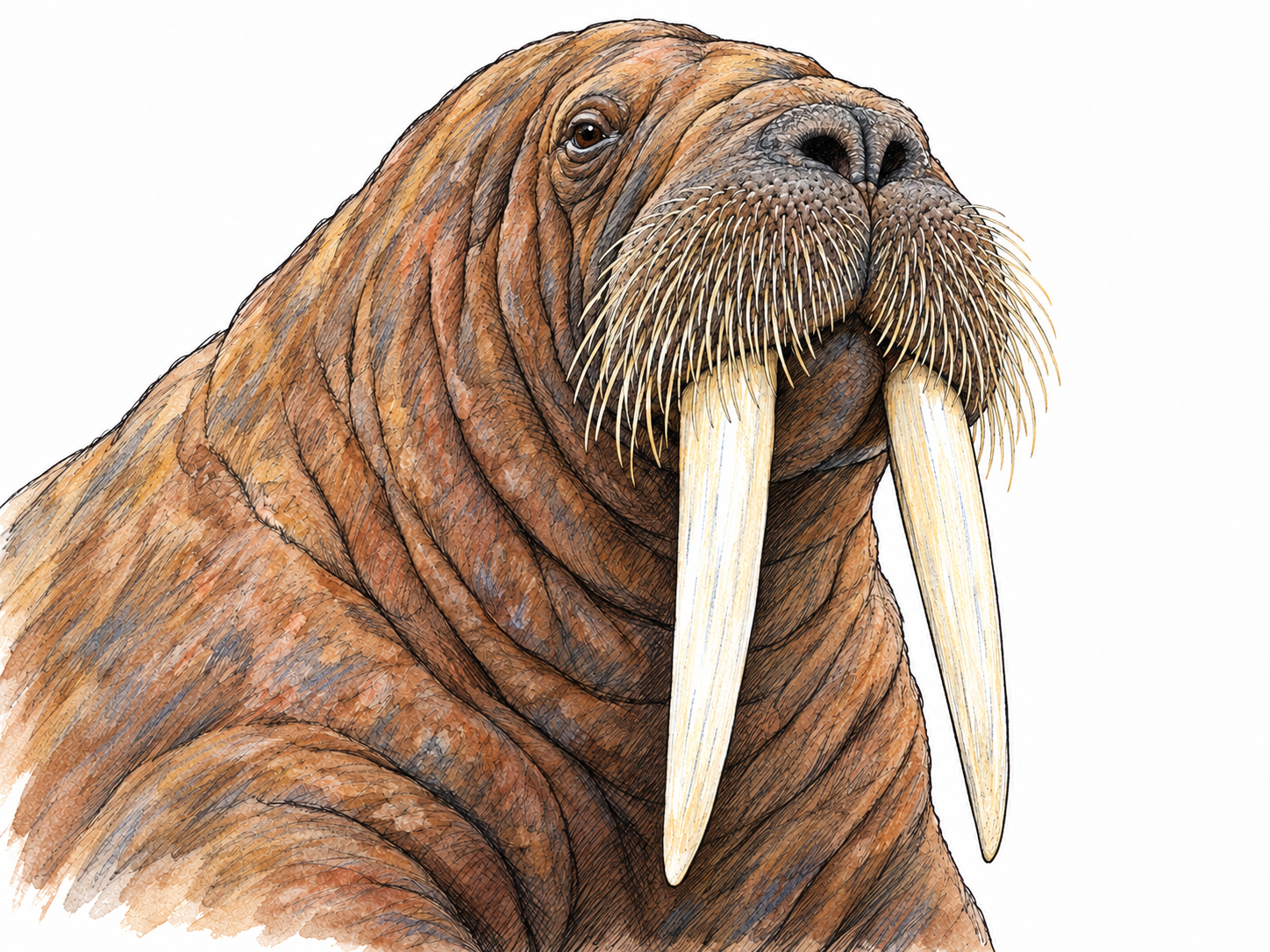 Close three-quarter view of an adult walrus's head and upper chest, emphasizing its two long ivory tusks projecting downward from the upper jaw beneath its whiskered muzzle.