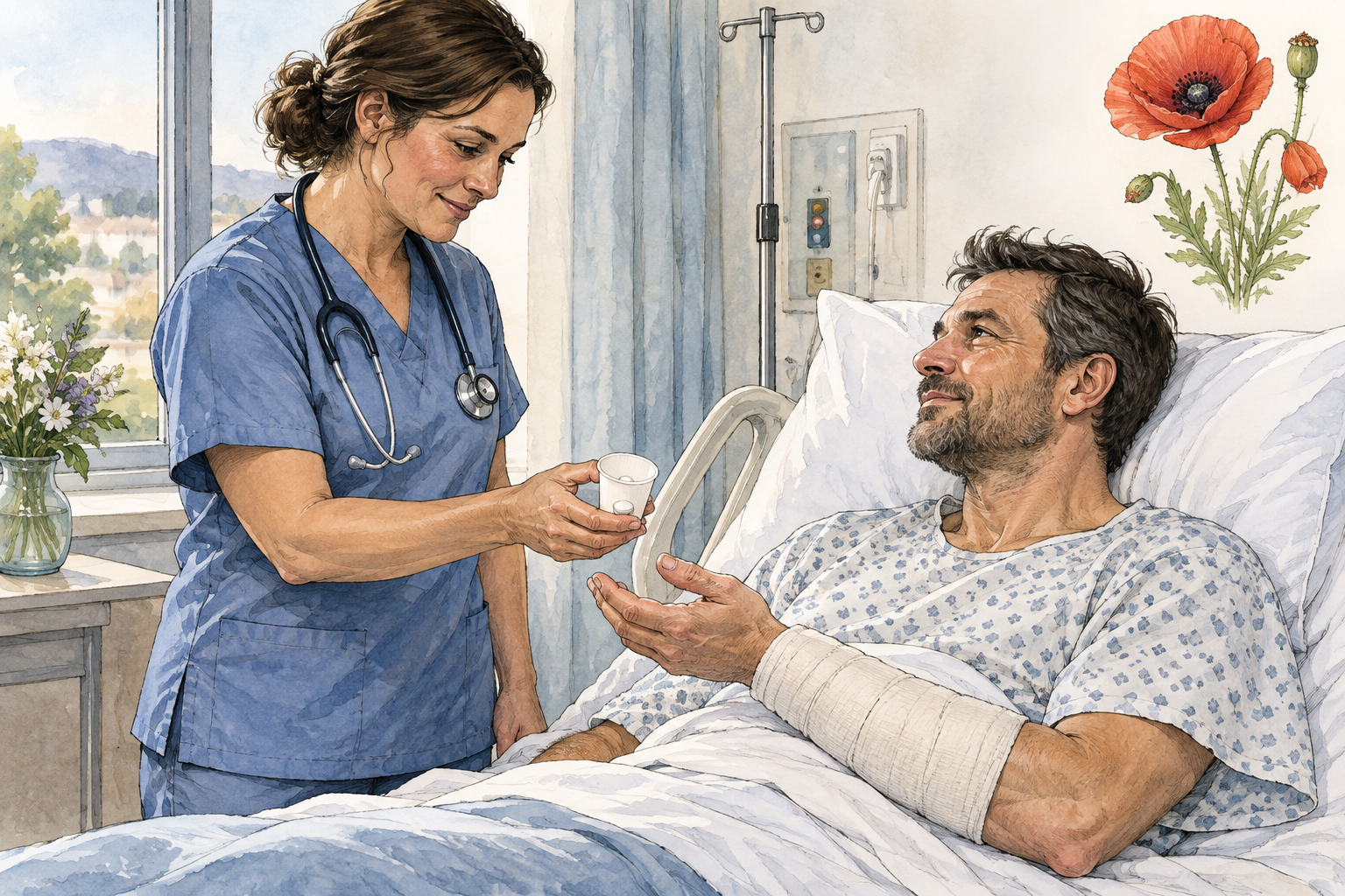 A hospital nurse offers one small unmarked pain-relief tablet in a paper medicine cup to a recovering adult patient with a wrapped forearm, clinical calm setting.