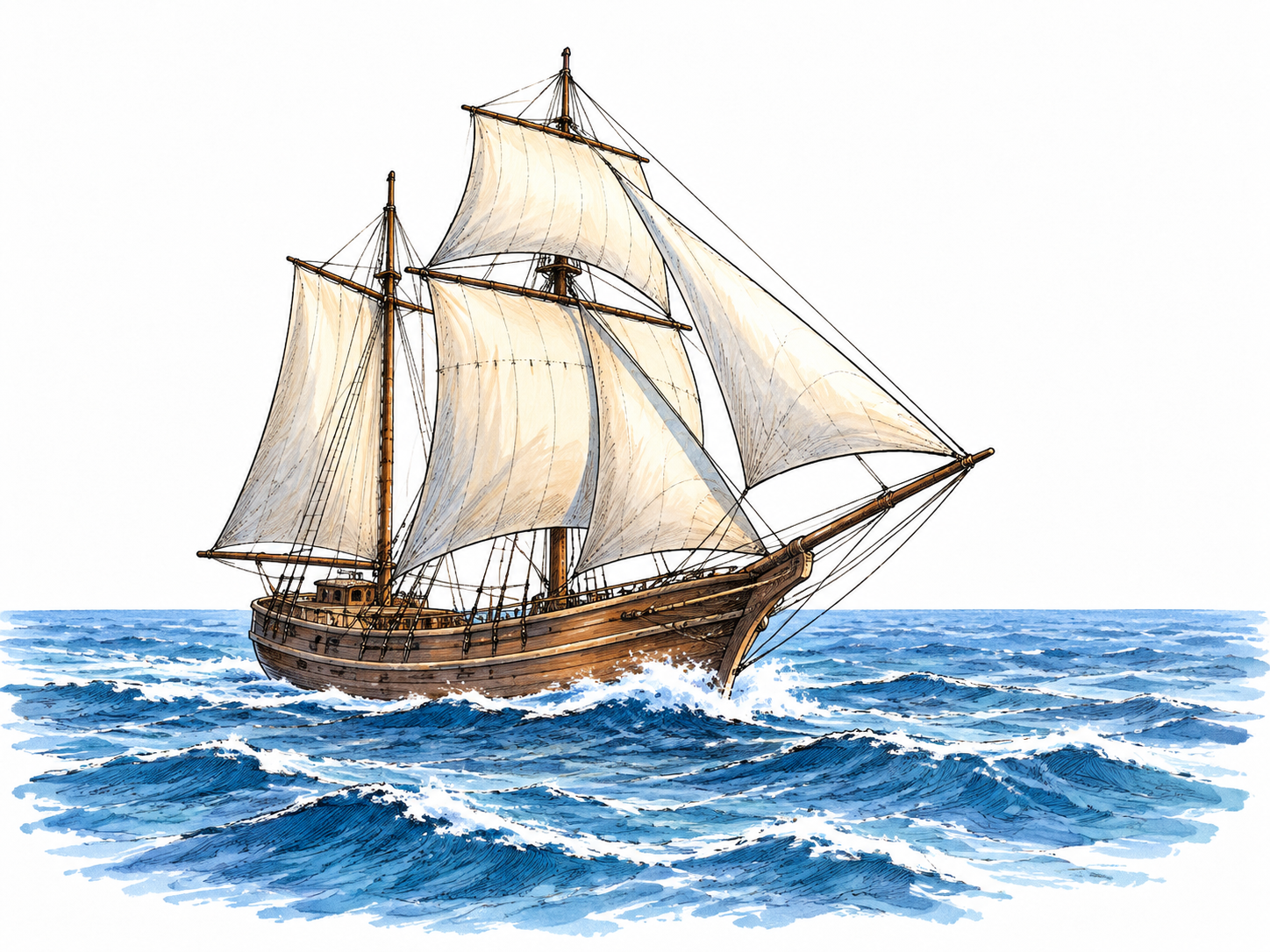 A sturdy ocean sailing vessel crosses open water under a wide distant horizon, long sea journey suggested by extensive water and purposeful vessel, no flags or text.