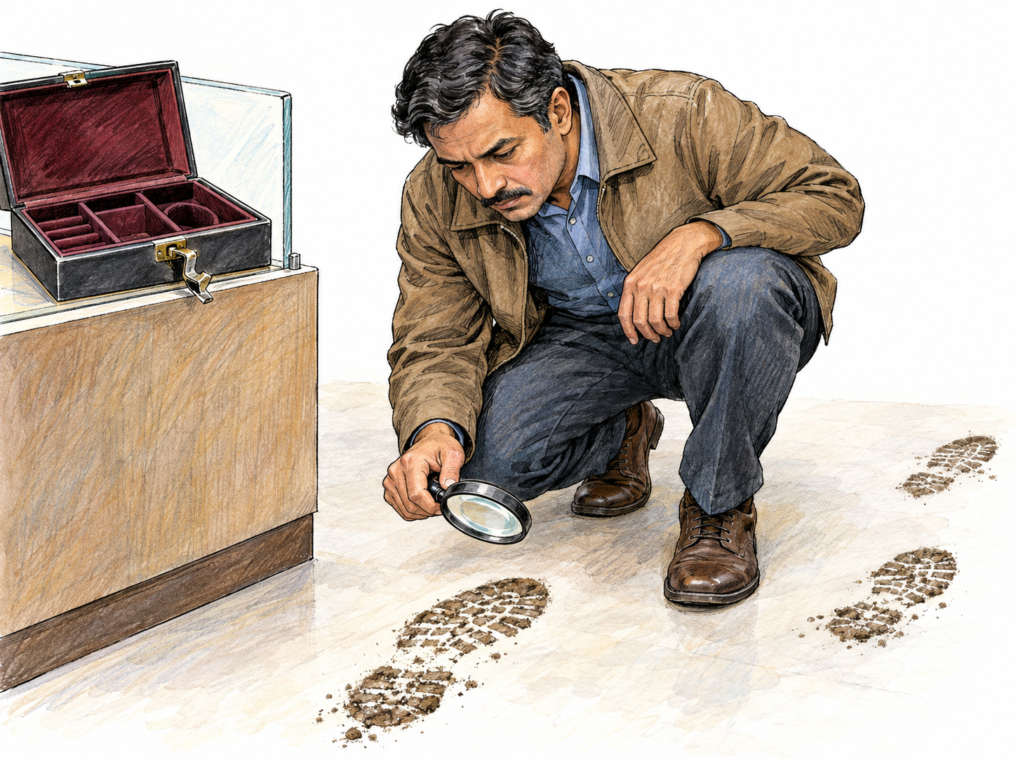 A detective crouches beside a forced-open jewelry case, examining a muddy shoeprint with a magnifying glass.