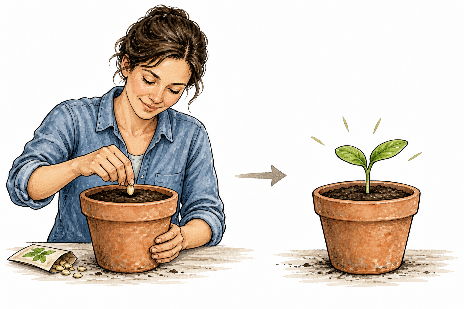 Two chronological panels: first a woman plants a seed; later the same pot bears a seedling.
