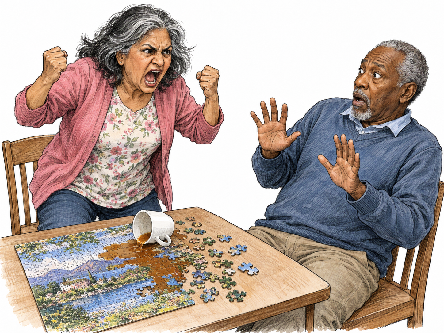 An older woman erupts in an exaggerated fit of anger after tea spills across her nearly finished jigsaw puzzle; her companion recoils from the outburst.