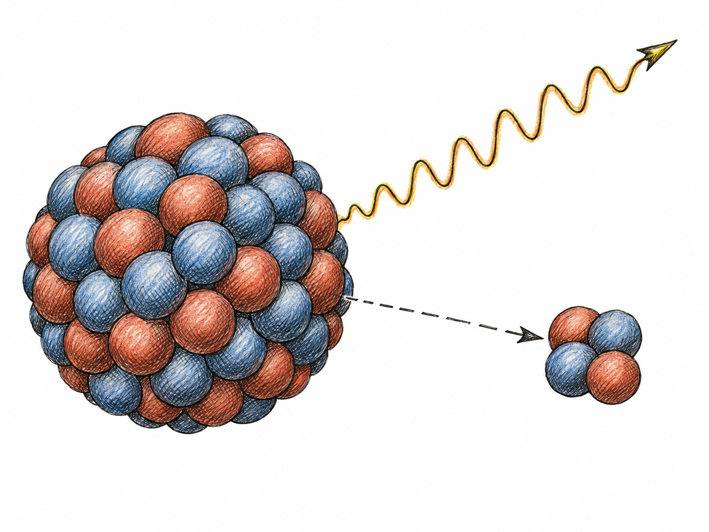 A text-free scientific visualization of radioactive decay: a compact atomic nucleus releases an alpha particle and a gamma ray, making nuclear emission rather than broadcasting the central subject.
