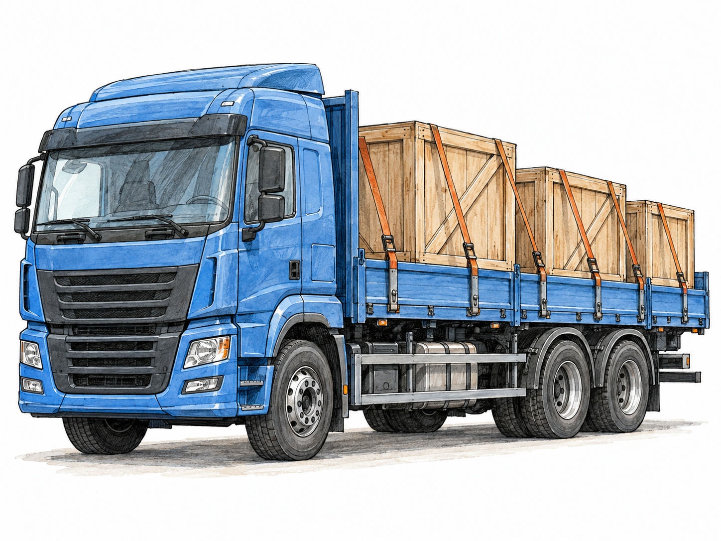 A large modern flatbed lorry with a clearly recognizable cab and heavy-duty wheels, carrying securely strapped wooden crates.