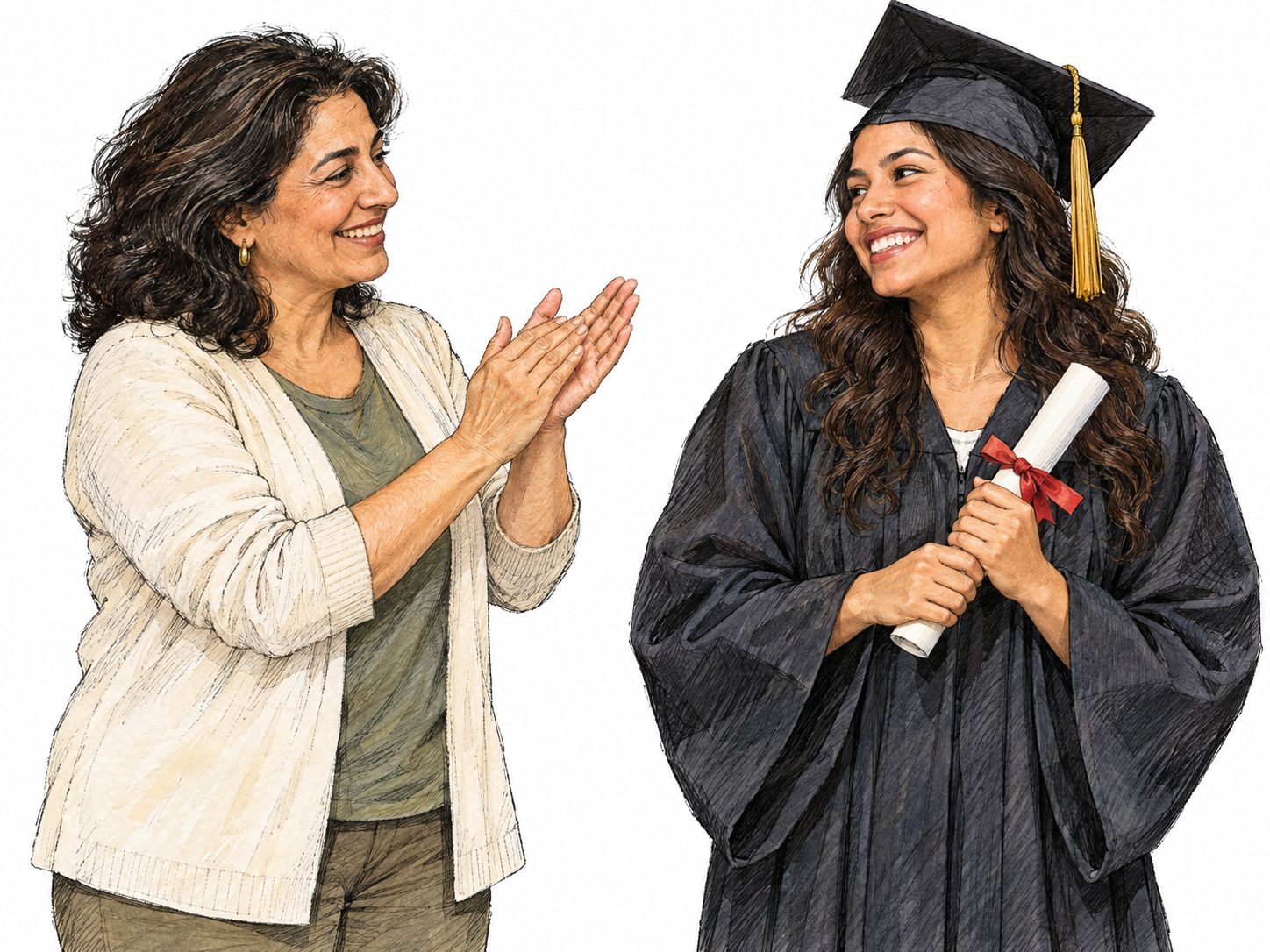A smiling woman applauds a young adult graduate who holds her diploma, making the expression of pleasure visibly directed at an identifiable success.
