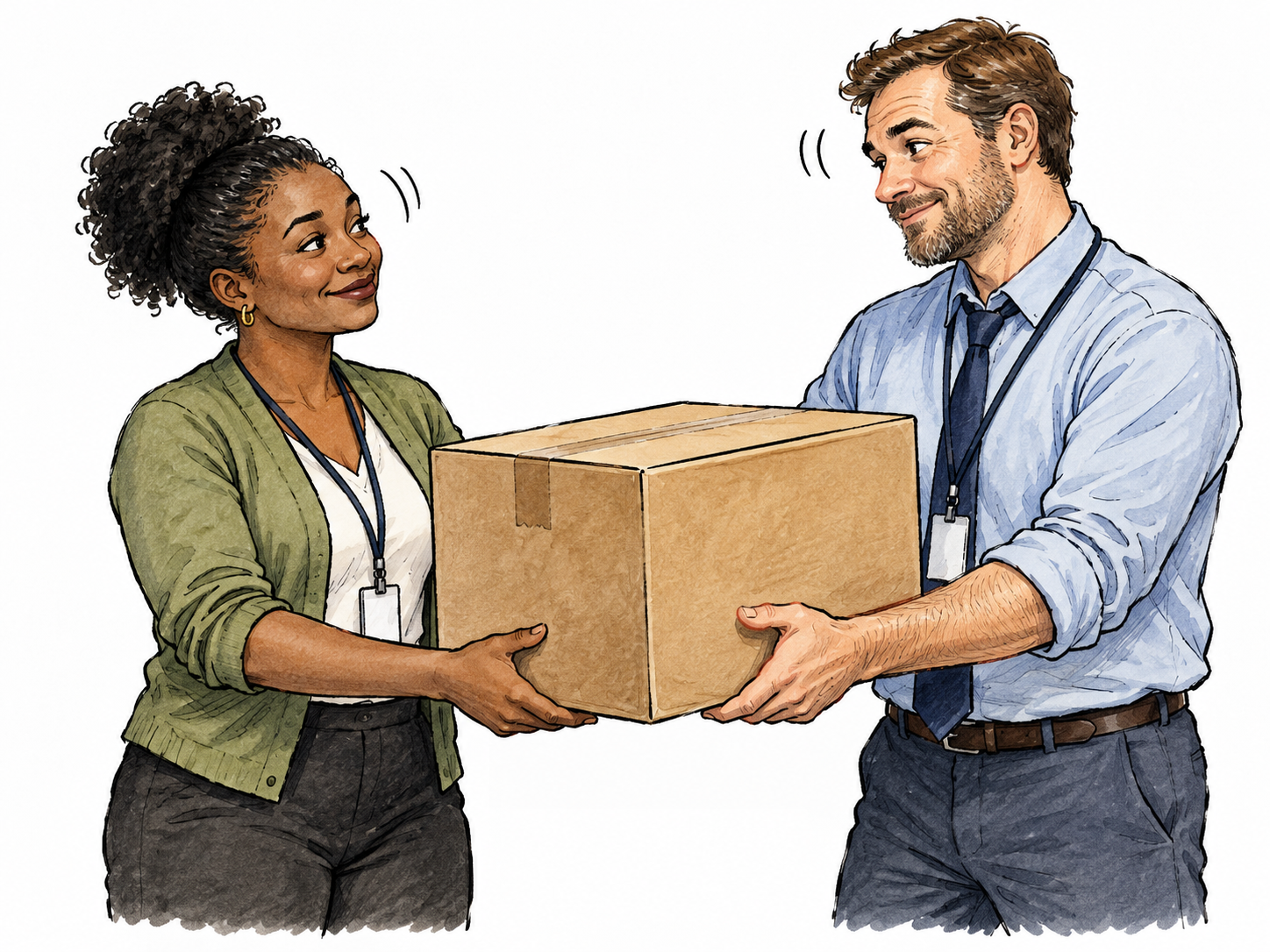 Two adult coworkers silently exchange a knowing nod before one hands the other a heavy box, showing an agreement understood without words.