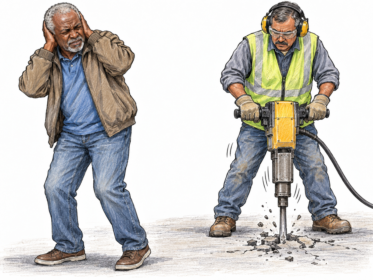An older man recoils and covers both ears beside a loudly vibrating jackhammer breaking pavement; its operator wears hearing protection.